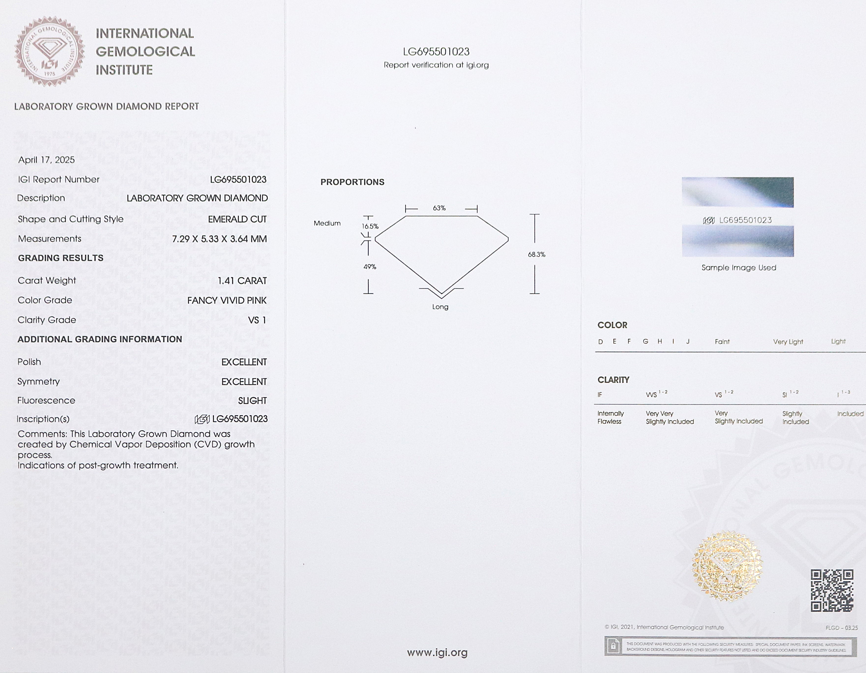 1.41 CT IGI Certified Emerald Cut Fancy Vivid Pink Color Diamond VS1 Clarity Diamond Lab Grown Diamond Lab Created Emerald CVD Diamond L3417
