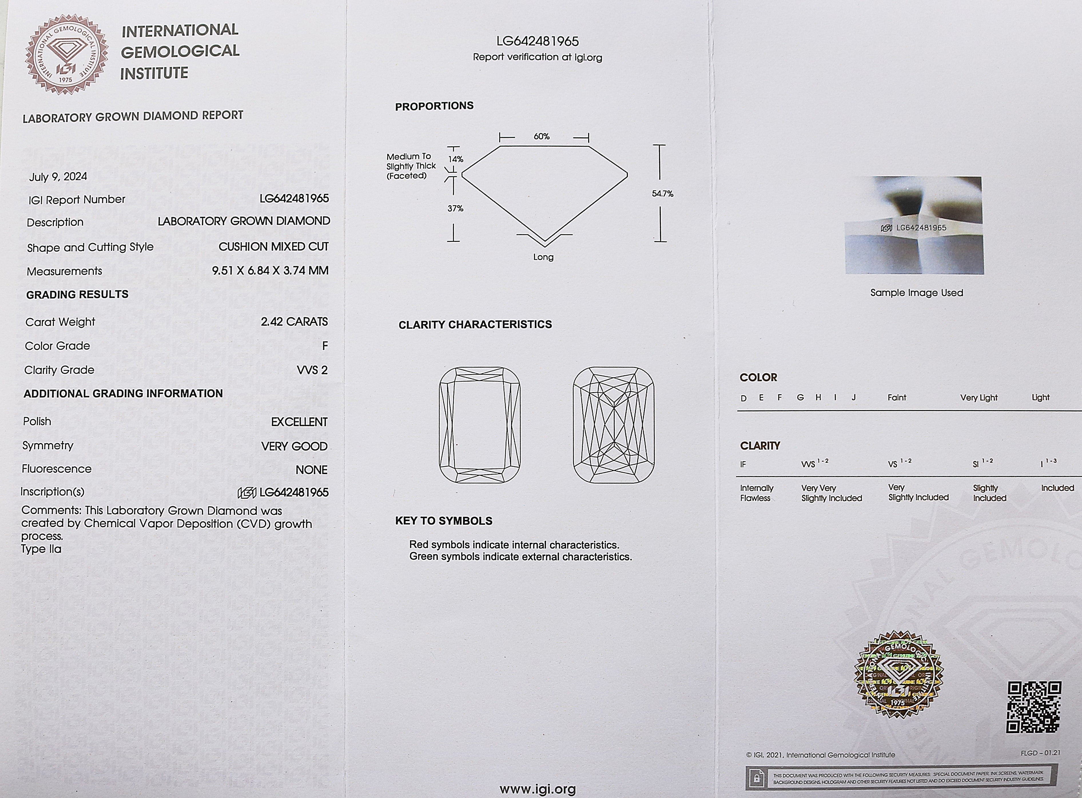 2.42 CT IGI Certified Cushion Mixed Cut White - F Color VVS2 Clarity Ashoka cut Lab Grown Lab Created Diamond Cushion CVD Diamond Lab Q187