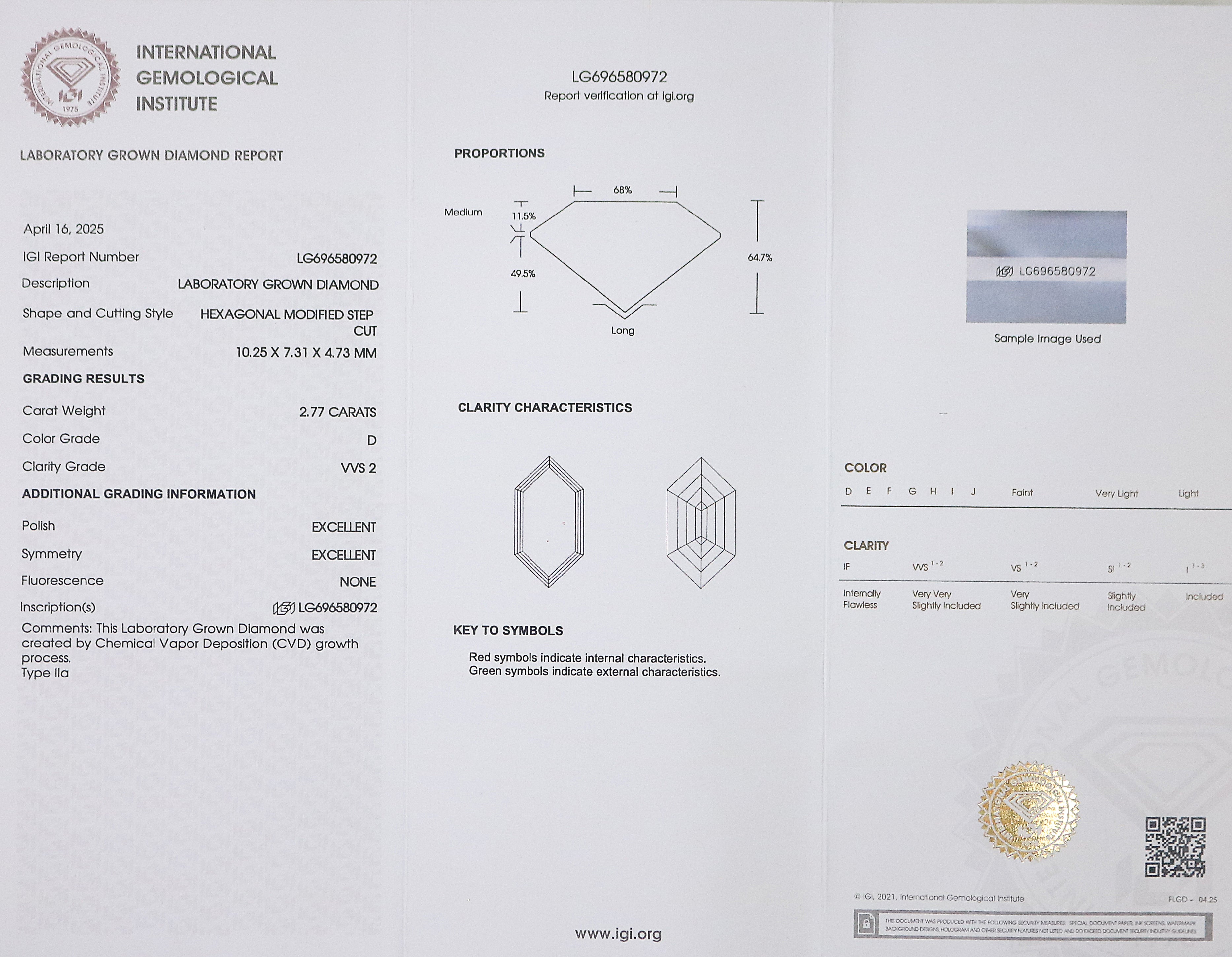 2.77 CT IGI Certified Hexagonal Step Cut Diamond White - D Color VVS2 Clarity Lab Grown Diamond Lab Created Diamond Hexagon Diamond L3321