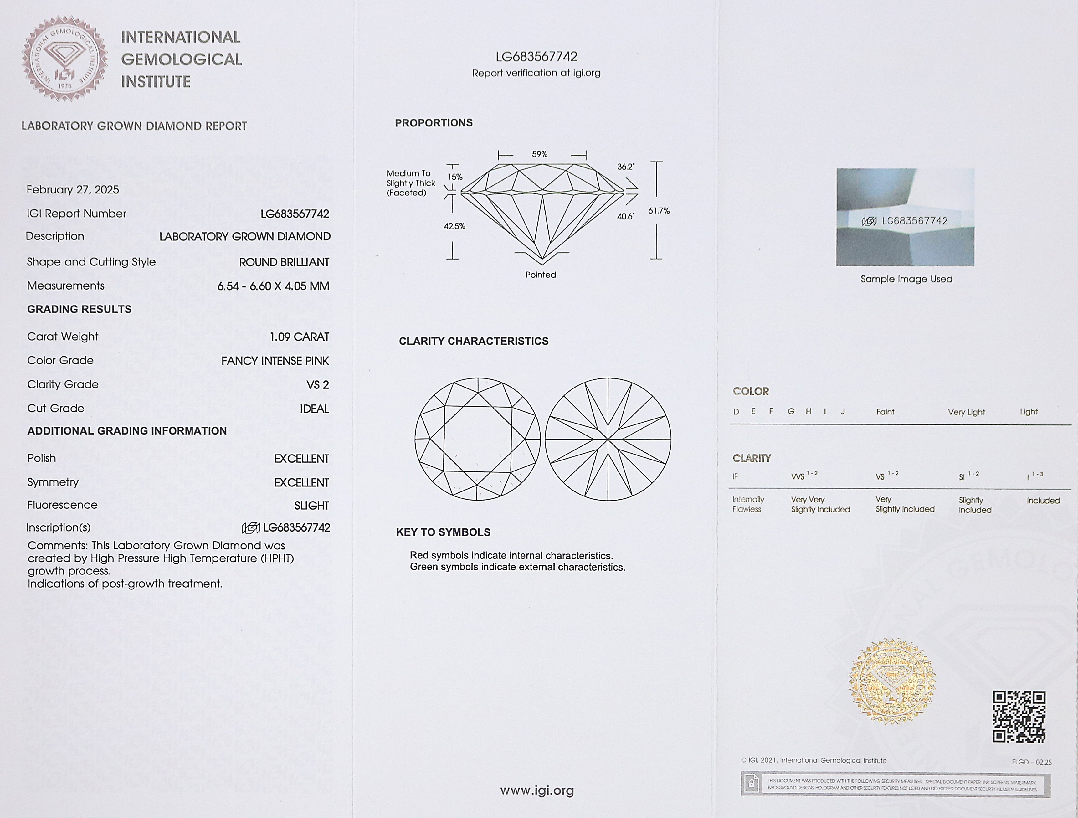1.09 CT IGI Certified Round Brilliant Cut Fancy Intense Pink Color VS2 Clarity Diamond Lab Grown Diamond Lab Created Round CVD Diamond L3293