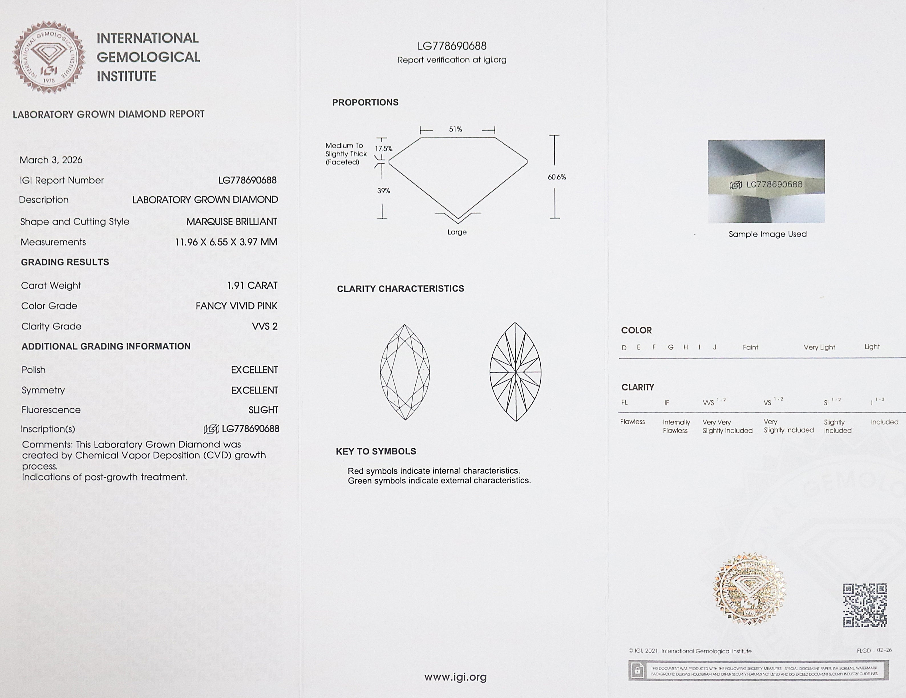 1.91 CT IGI Certified Marquise Brilliant Cut Diamond Fancy Vivid Pink Color VVS2 Clarity Lab Grown Diamond Lab Created CVD Diamond L3582
