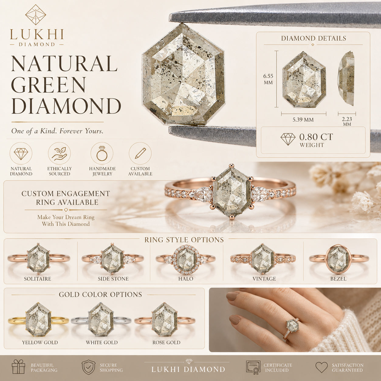 Natural Pentagon Green Diamond 0.80 CT Loose Rose Cut Green Stone 6.55 MM Rustic Diamond Pentagon Diamond For Custom Engagement Ring L3624
