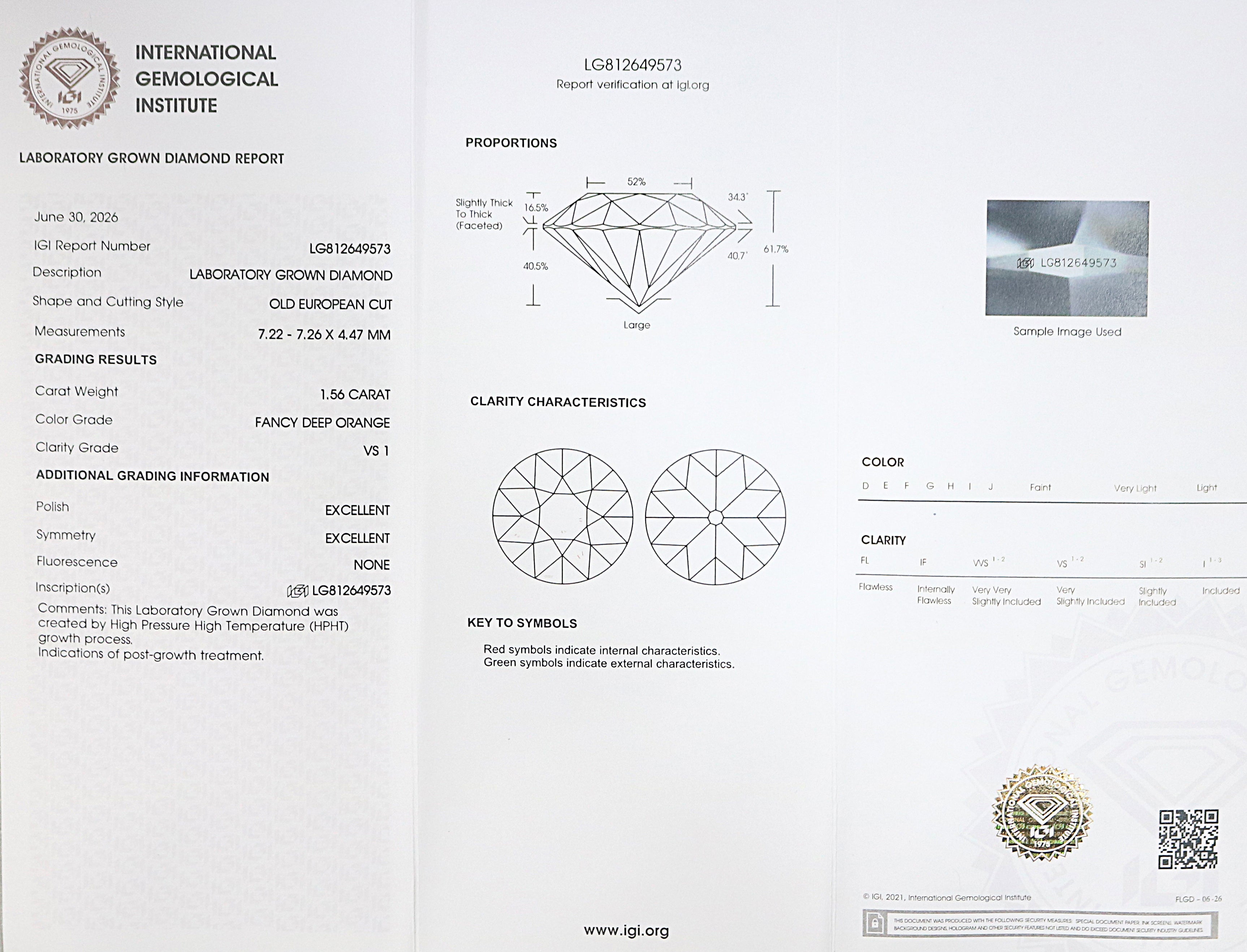 1.56 CT IGI Certified Round Old European Cut Diamond Fancy Deep Orange Color VS1 Clarity Lab Grown Diamond Lab Created Lab Diamond L3663