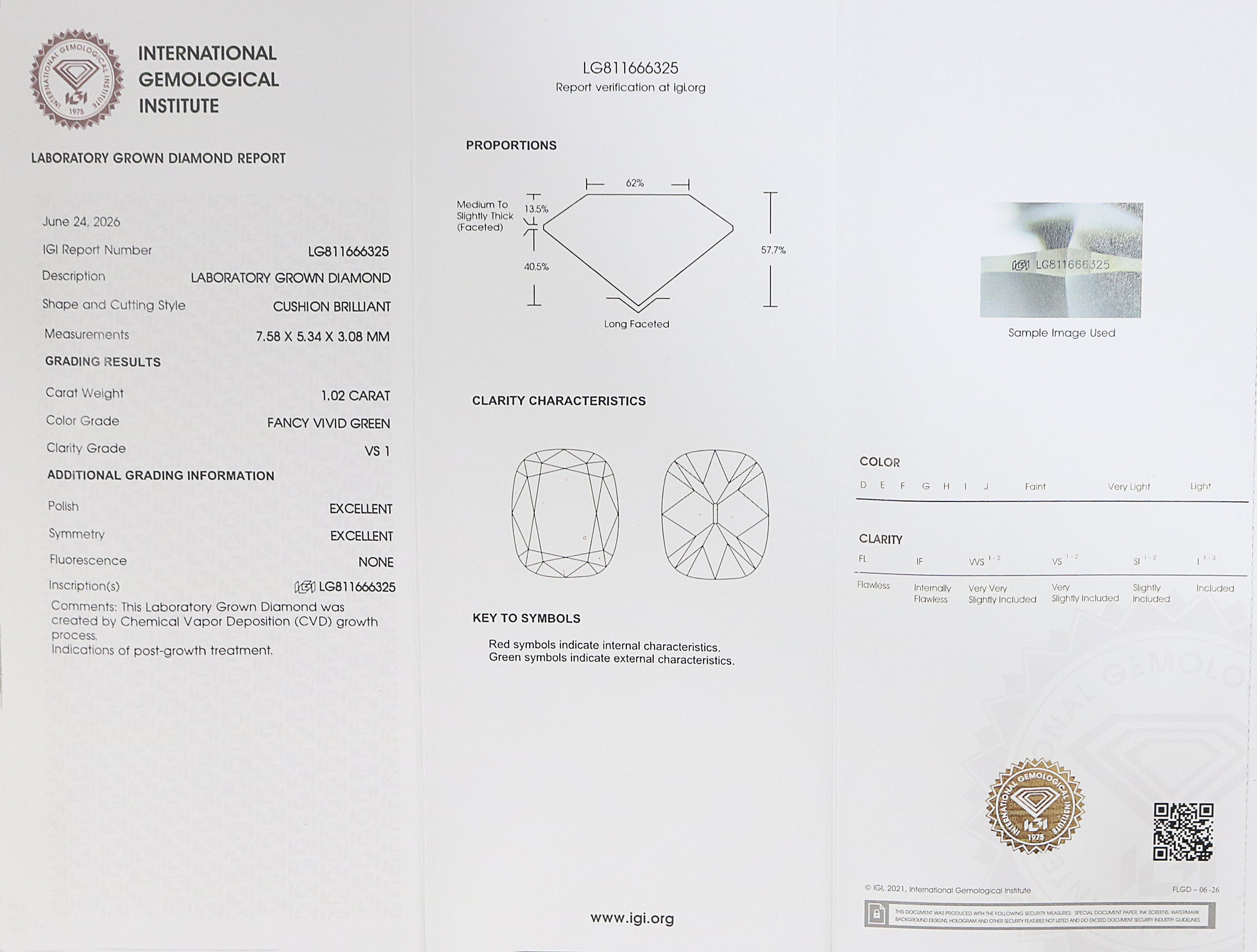 1.02 CT IGI Certified Cushion Old European Cut Diamond Fancy Vivid Green Color VS1 Clarity Lab Grown Diamond Lab Created Lab Diamond L3674