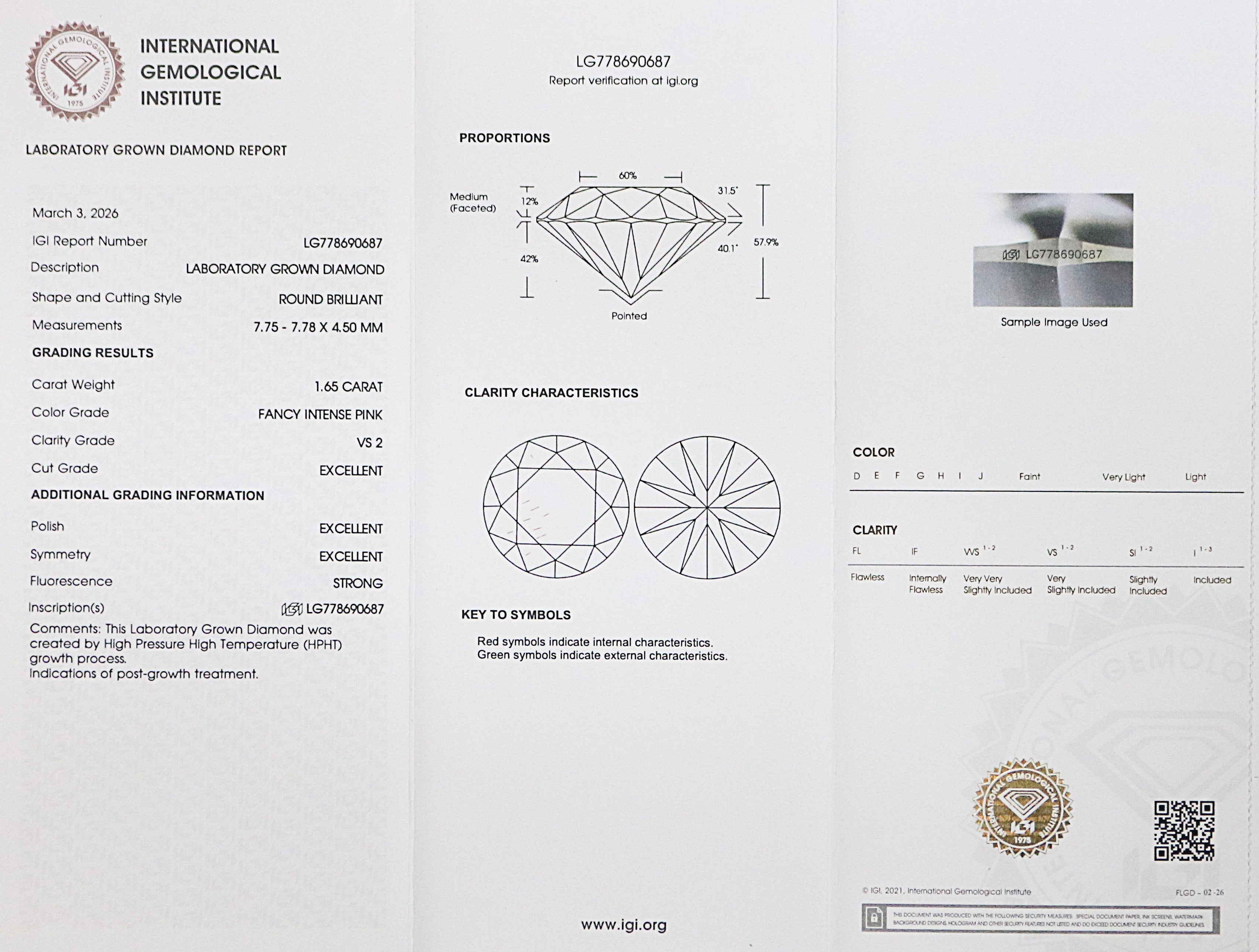 1.65 CT IGI Certified Round Brilliant Cut Fancy Intense Pink Color VS2 Clarity Diamond Lab Grown Diamond Lab Created Round CVD Diamond L3584