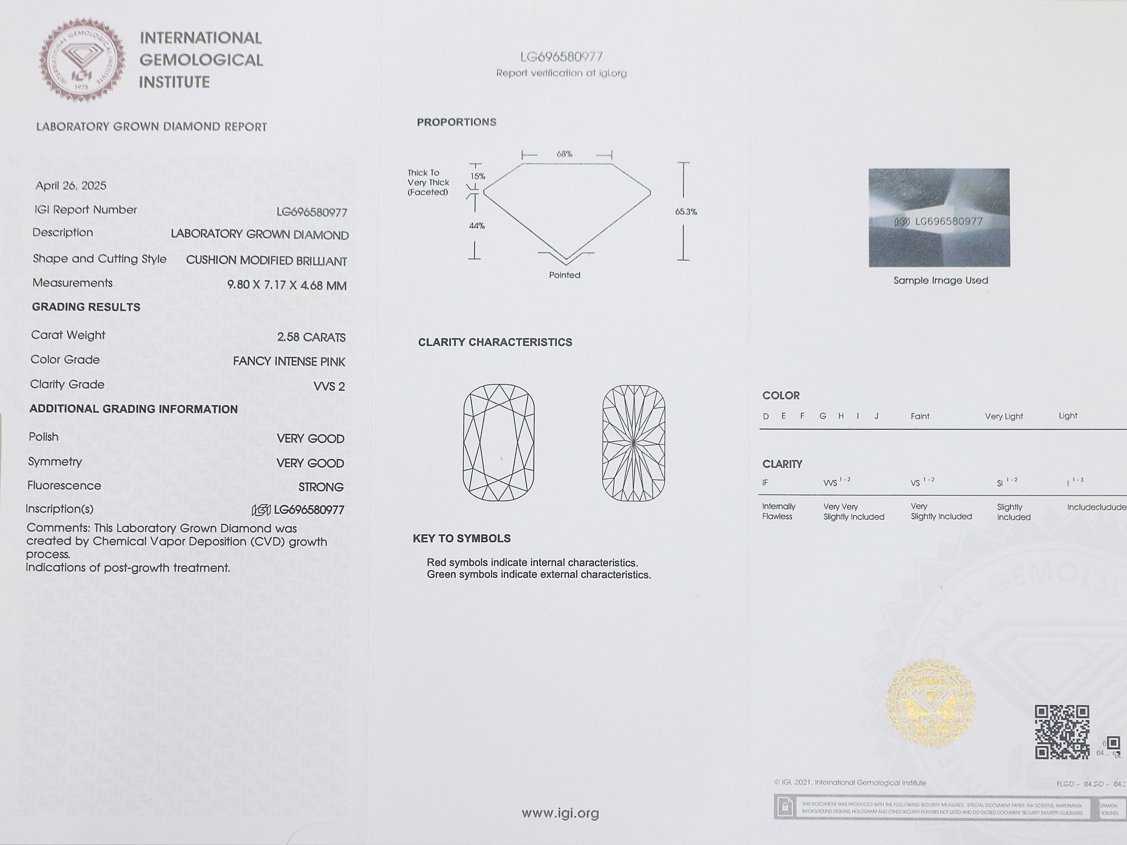 2.58 CT IGI Certified Cushion Brilliant Cut Diamond Fancy Intense Pink Color VVS2 Clarity Lab Grown Diamond Lab Created CVD Diamond L3331