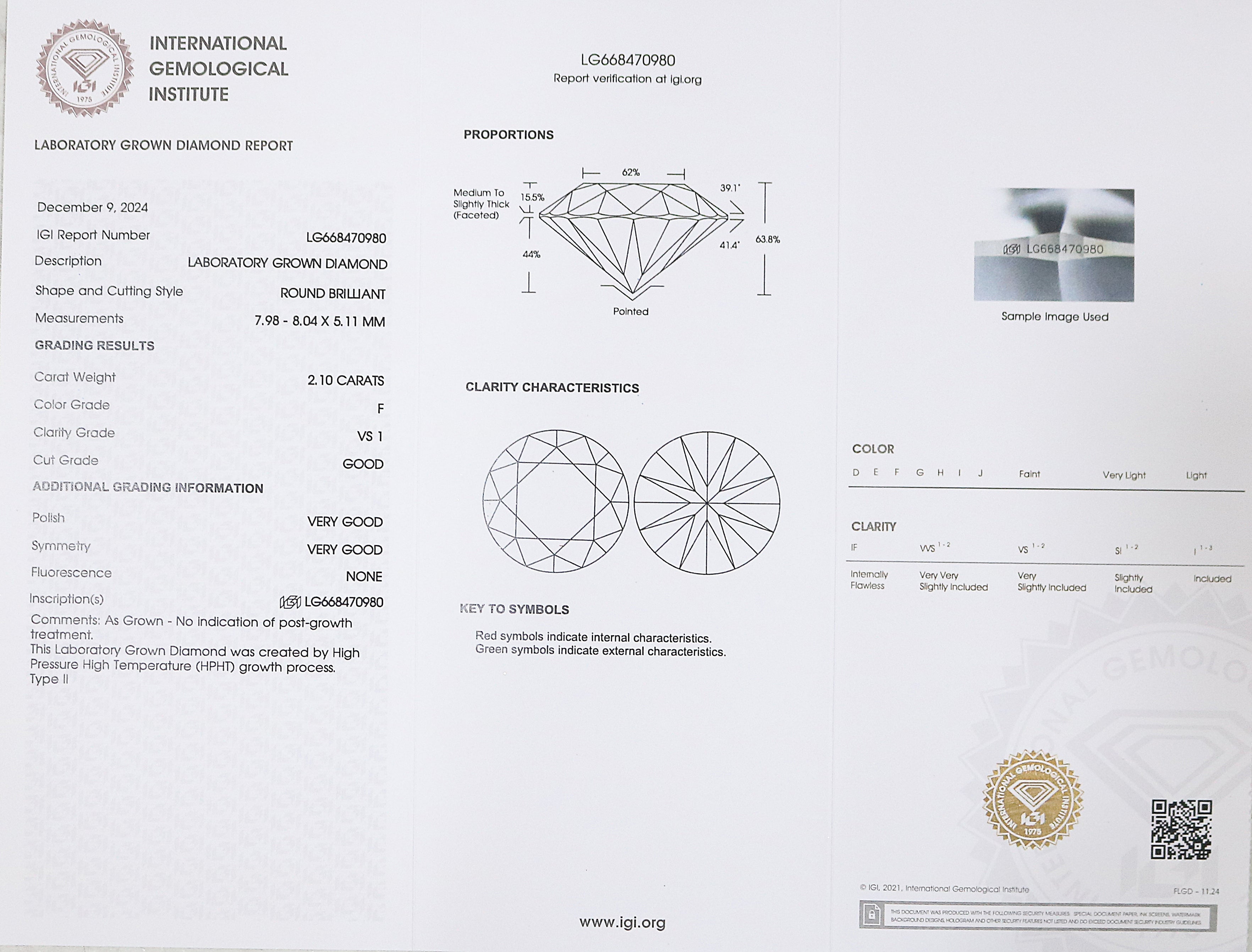 2.10 CT IGI Certified Round Brilliant Cut Diamond White - F Color VS1 Clarity Lab Grown Diamond Lab Created Diamond Round Diamond L3220