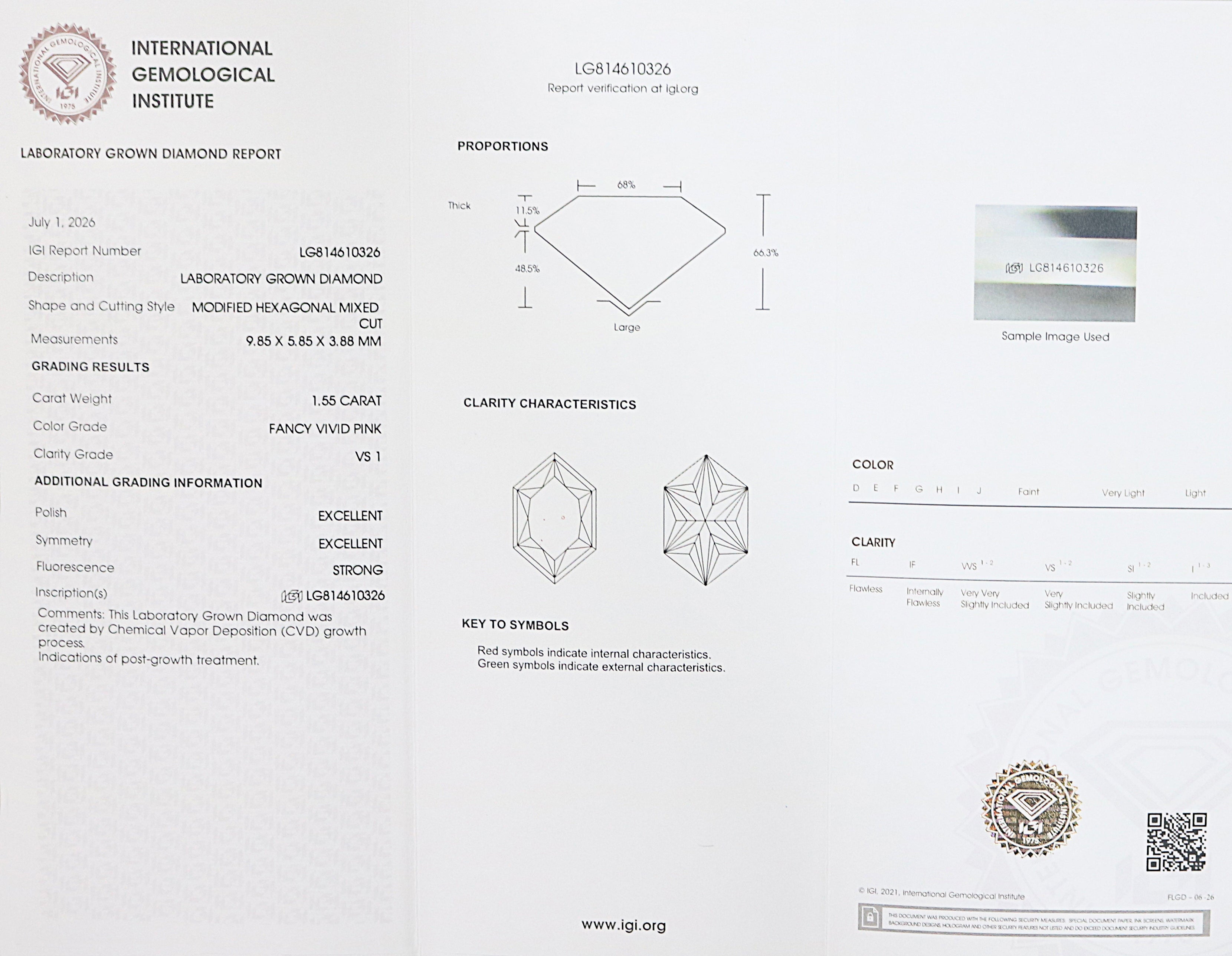 1.55 CT IGI Certified Hexagon Old European Cut Diamond Fancy Vivid Pink Color VS1 Clarity Lab Grown Diamond Lab Created Diamond L3665