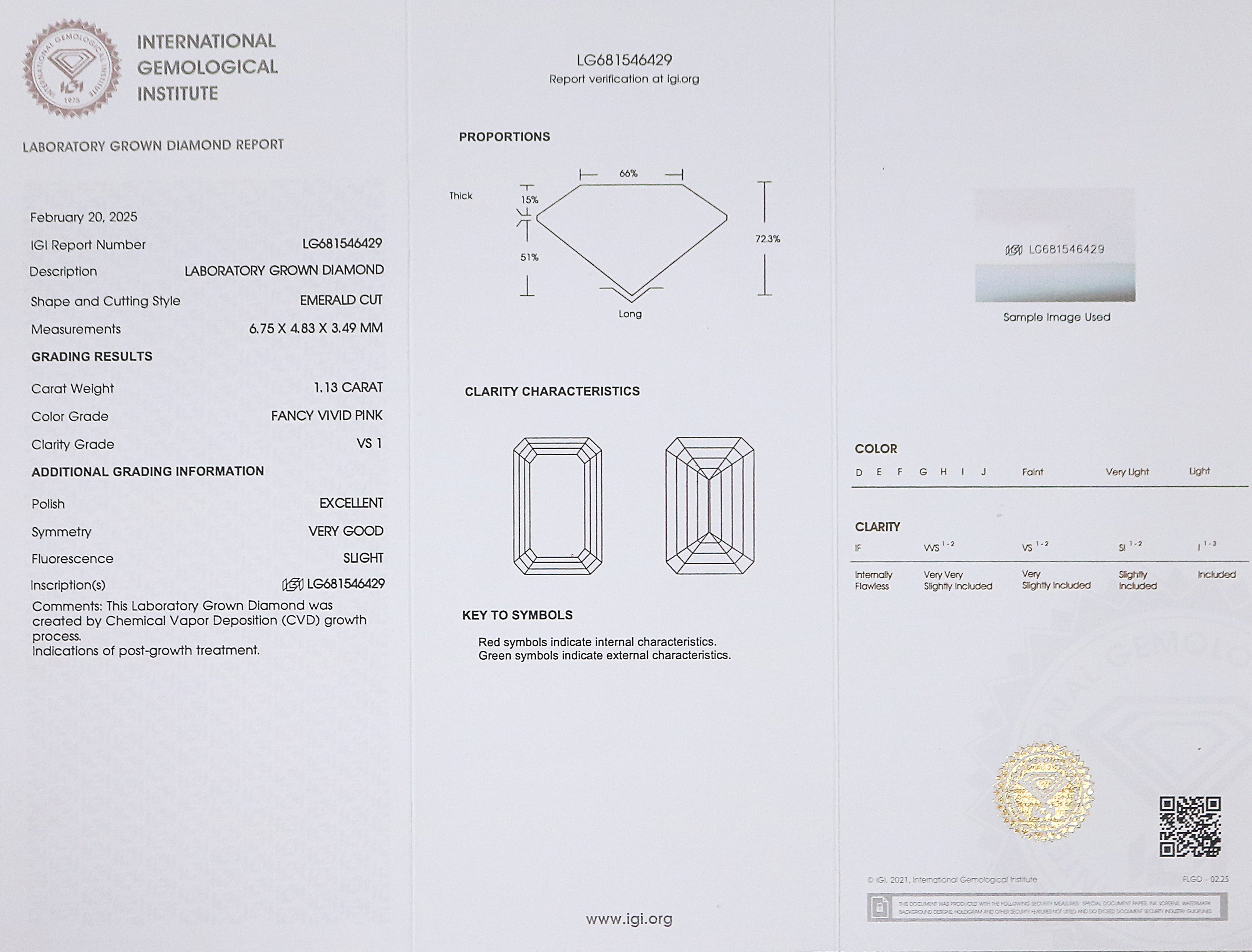 1.13 CT IGI Certified Emerald Cut Fancy Vivid Pink Color Diamond VS1 Clarity Diamond Lab Grown Diamond Lab Created Emerald CVD Diamond L3296