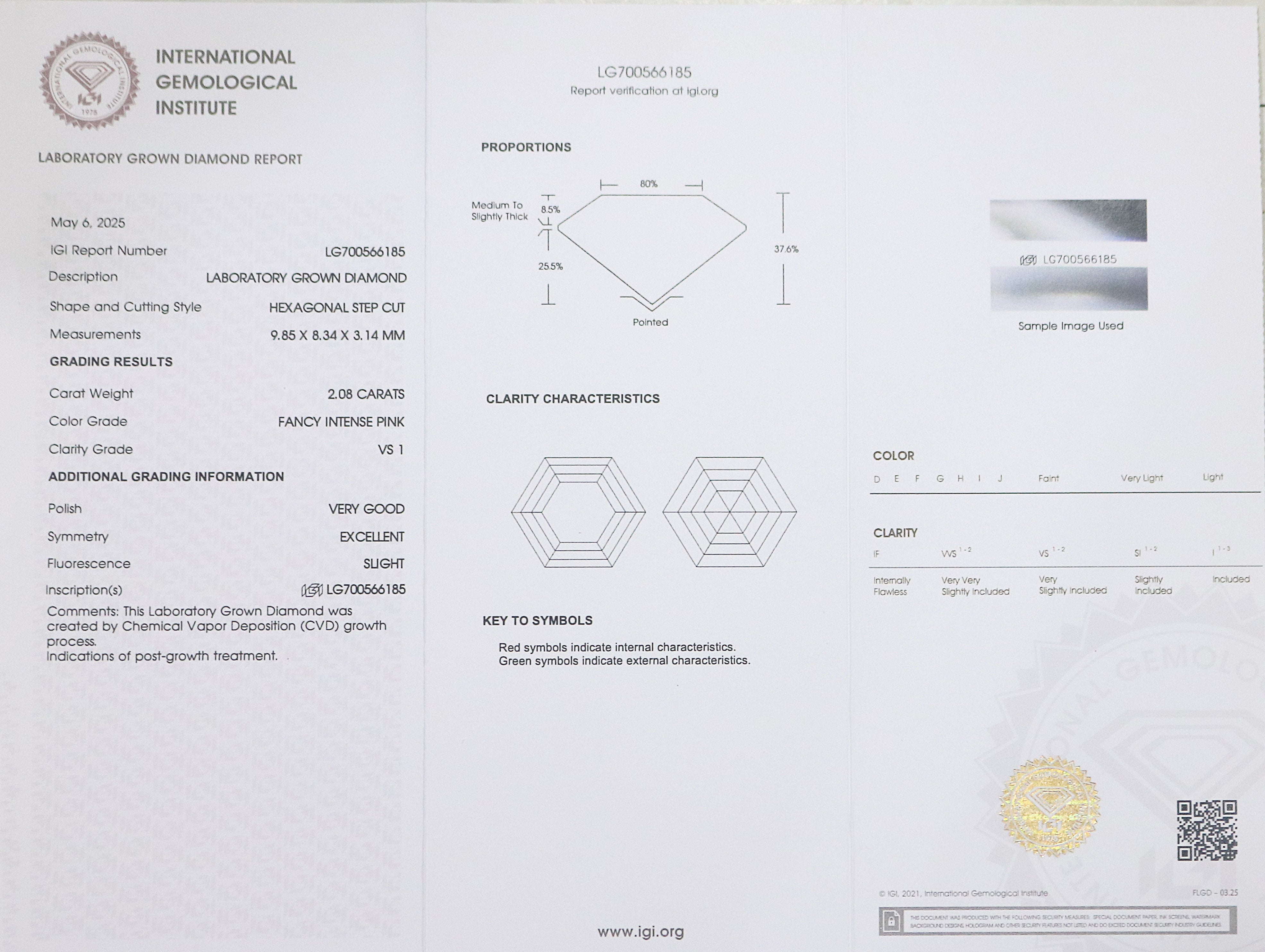 2.08 CT IGI Certified Hexagonal Step Cut Diamond Fancy Intense Pink Color VS1 Clarity Lab Grown Diamond Lab Created Hexagon Diamond L3332