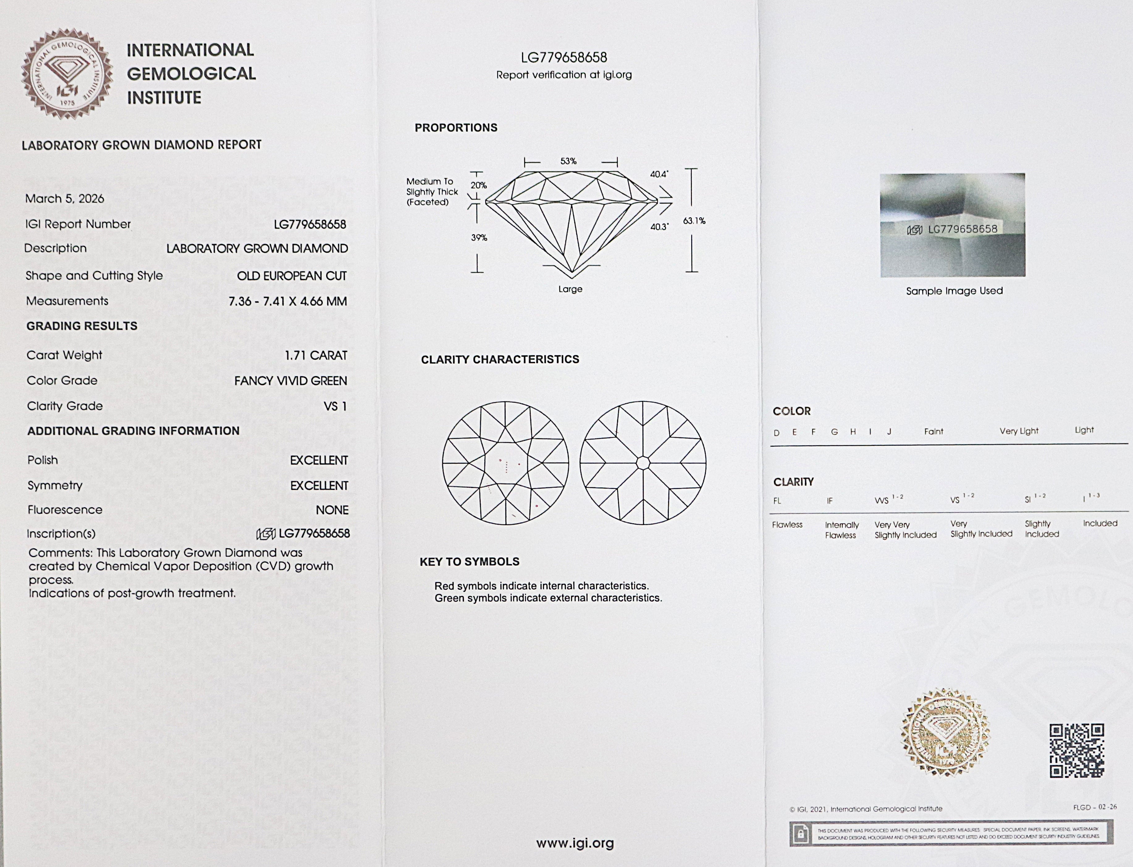 1.71 CT IGI Certified Round Old European Cut Diamond Fancy Vivid Green Color VS1 Clarity Lab Grown Diamond Lab Created Lab Diamond L3581