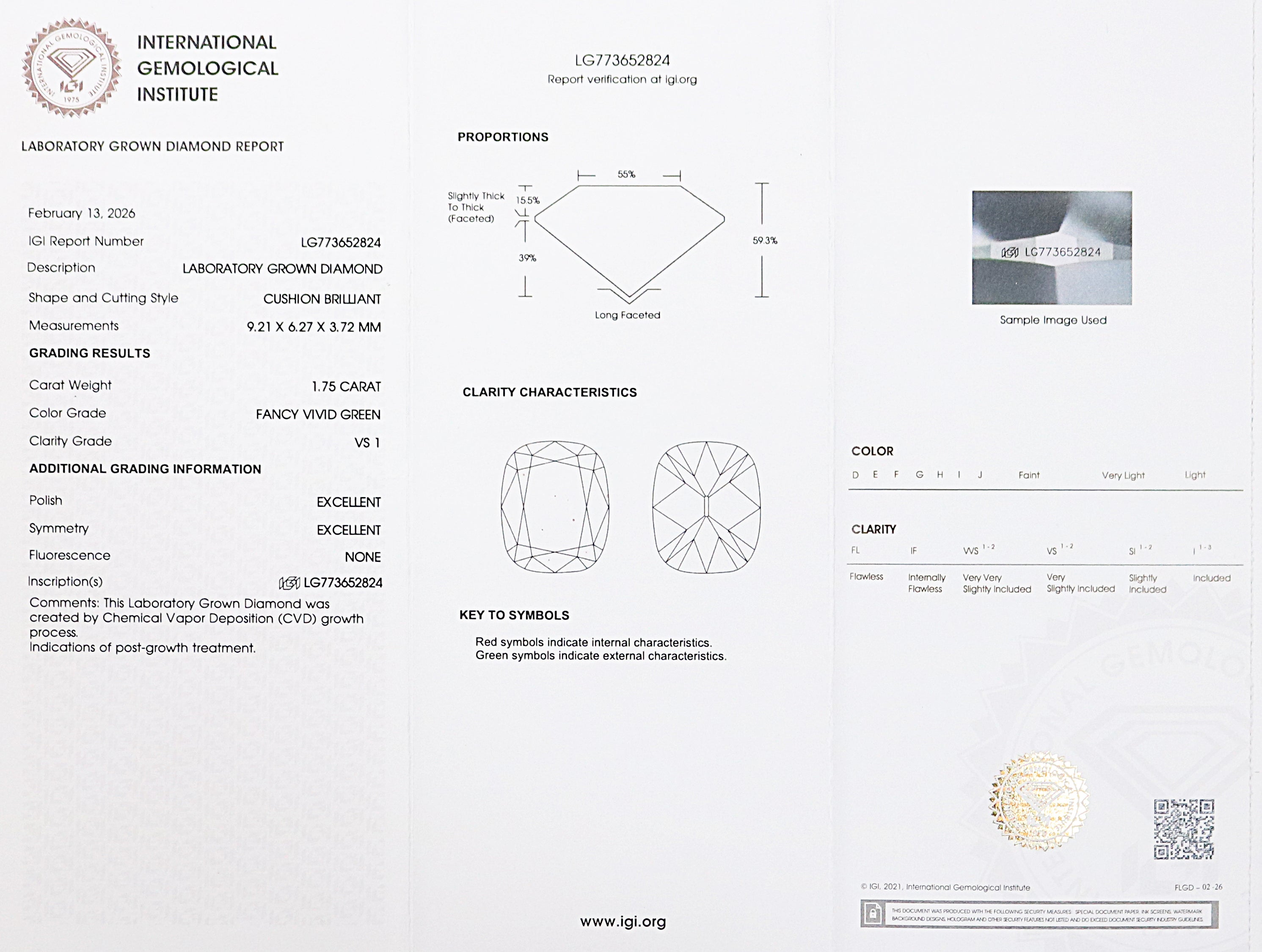 1.75 CT IGI Certified Cushion Old European Cut Diamond Fancy Vivid Green Color VS1 Clarity Lab Grown Diamond Lab Created Lab Diamond L3573