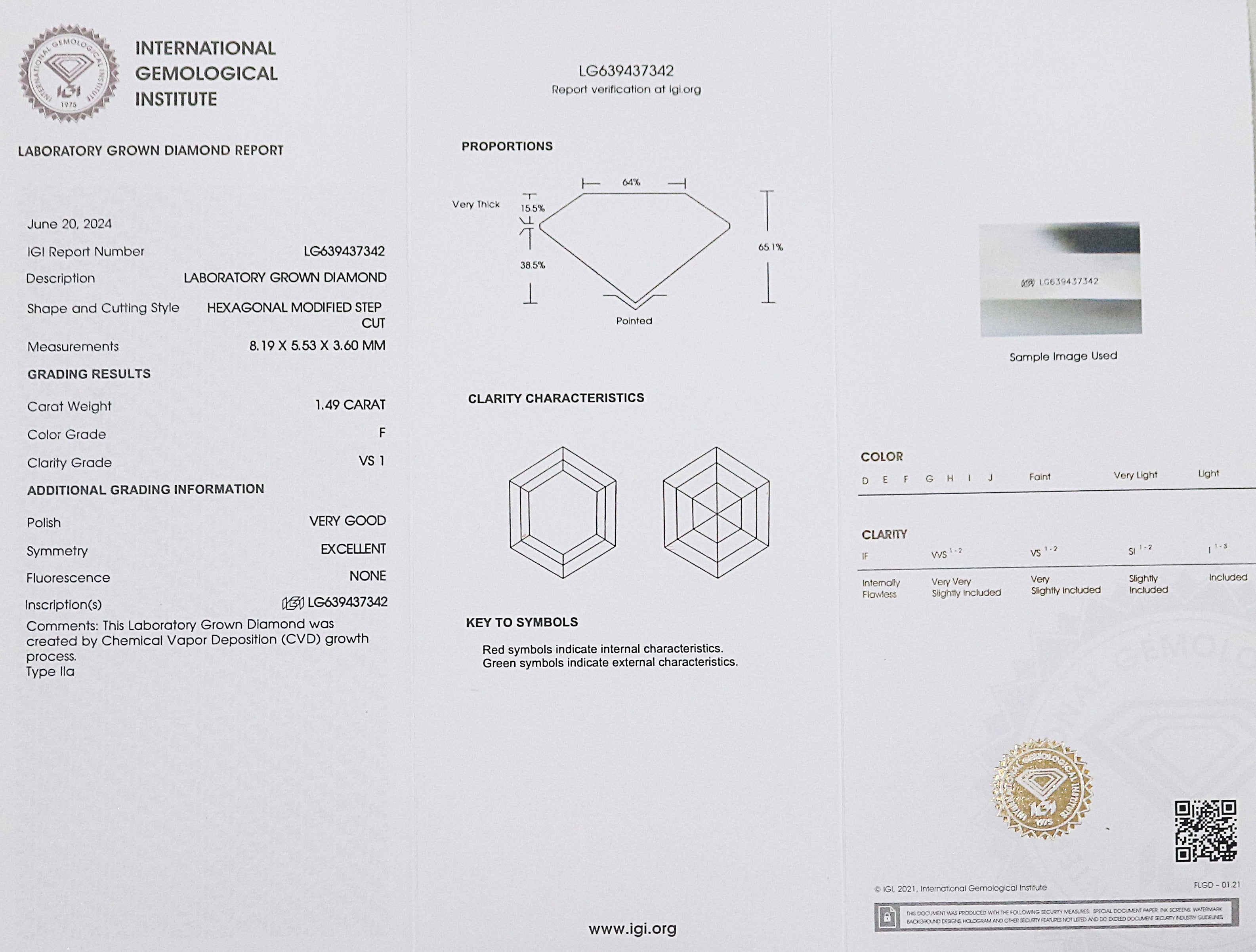 1.49 CT IGI Certified Hexagonal Modified Step Cut Diamond White - F Color VS1 Clarity Lab Grown Diamond Lab Created Hexagon CVD Diamond Q176