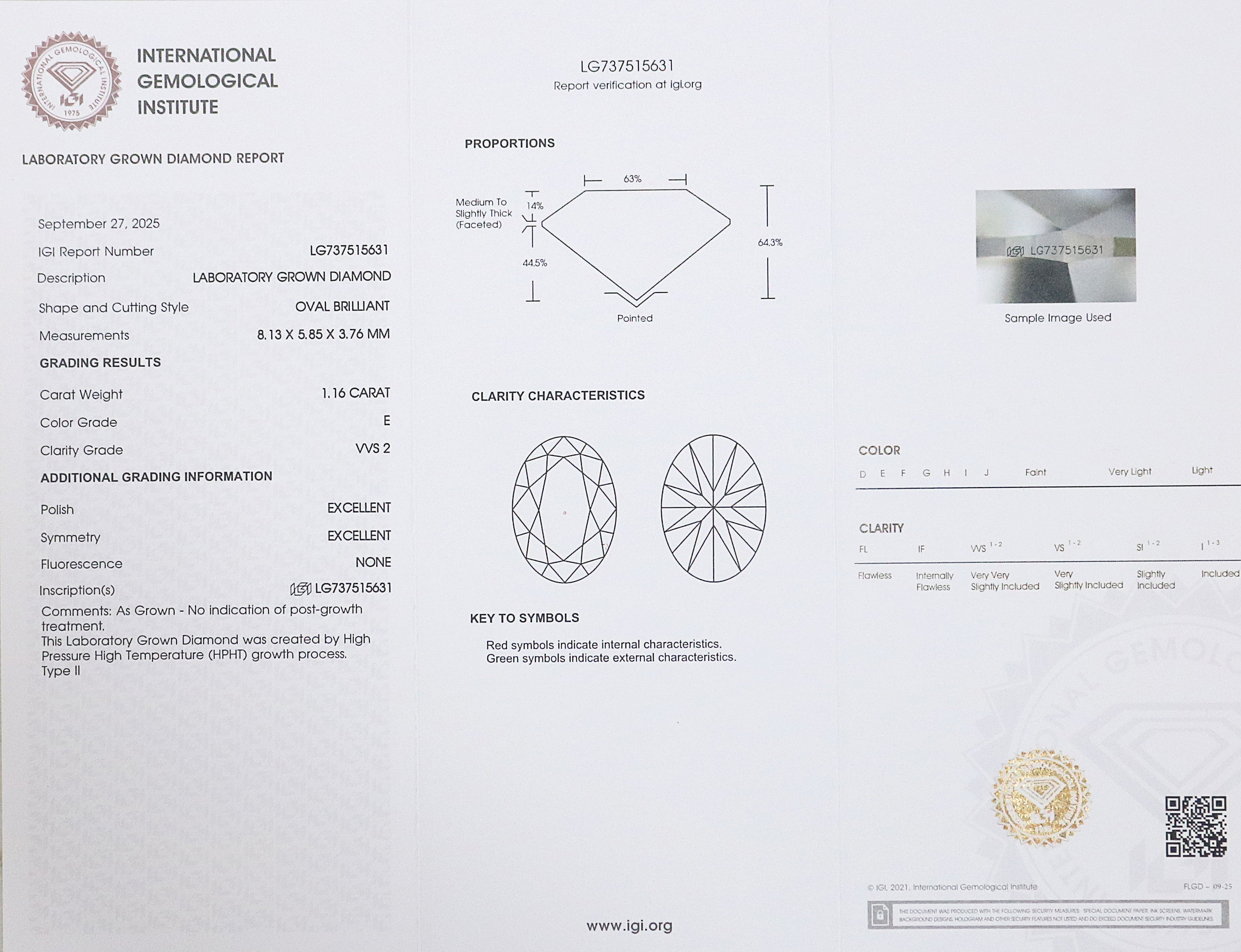 1.16 CT IGI Certified Oval Brilliant Cut Diamond White - E Color VVS2 Clarity Lab Grown Diamond Lab Created Oval Diamond CVD Diamond L3451