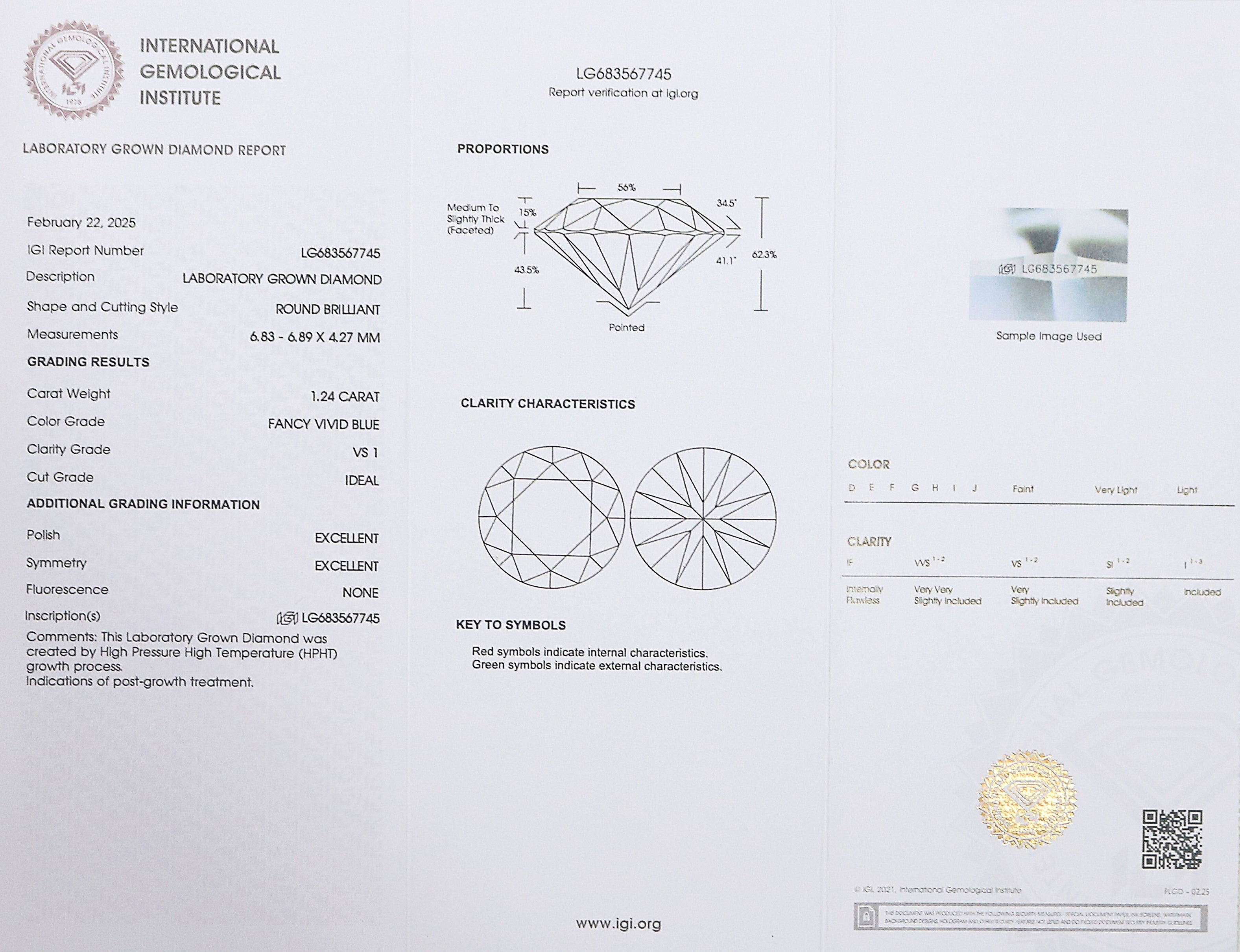 1.24 CT IGI Certified Round Brilliant Cut Fancy Vivid Blue Color VS1 Clarity Diamond Lab Grown Diamond Lab Created Round CVD Diamond L3298