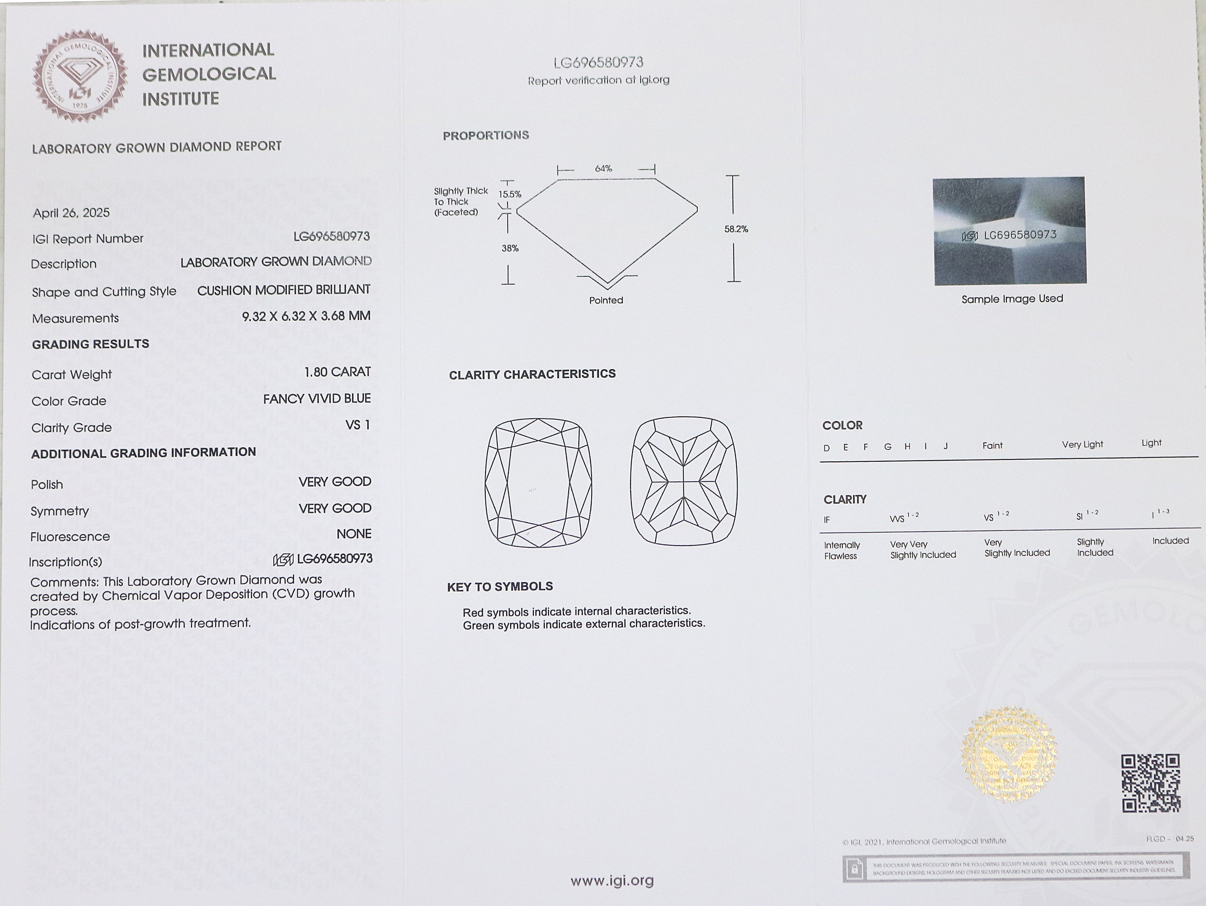 1.80 CT IGI Certified Cushion Brilliant Cut Diamond Fancy Vivid Blue Color VS1 Clarity Lab Grown Diamond Lab Created CVD Lab Diamond L3330