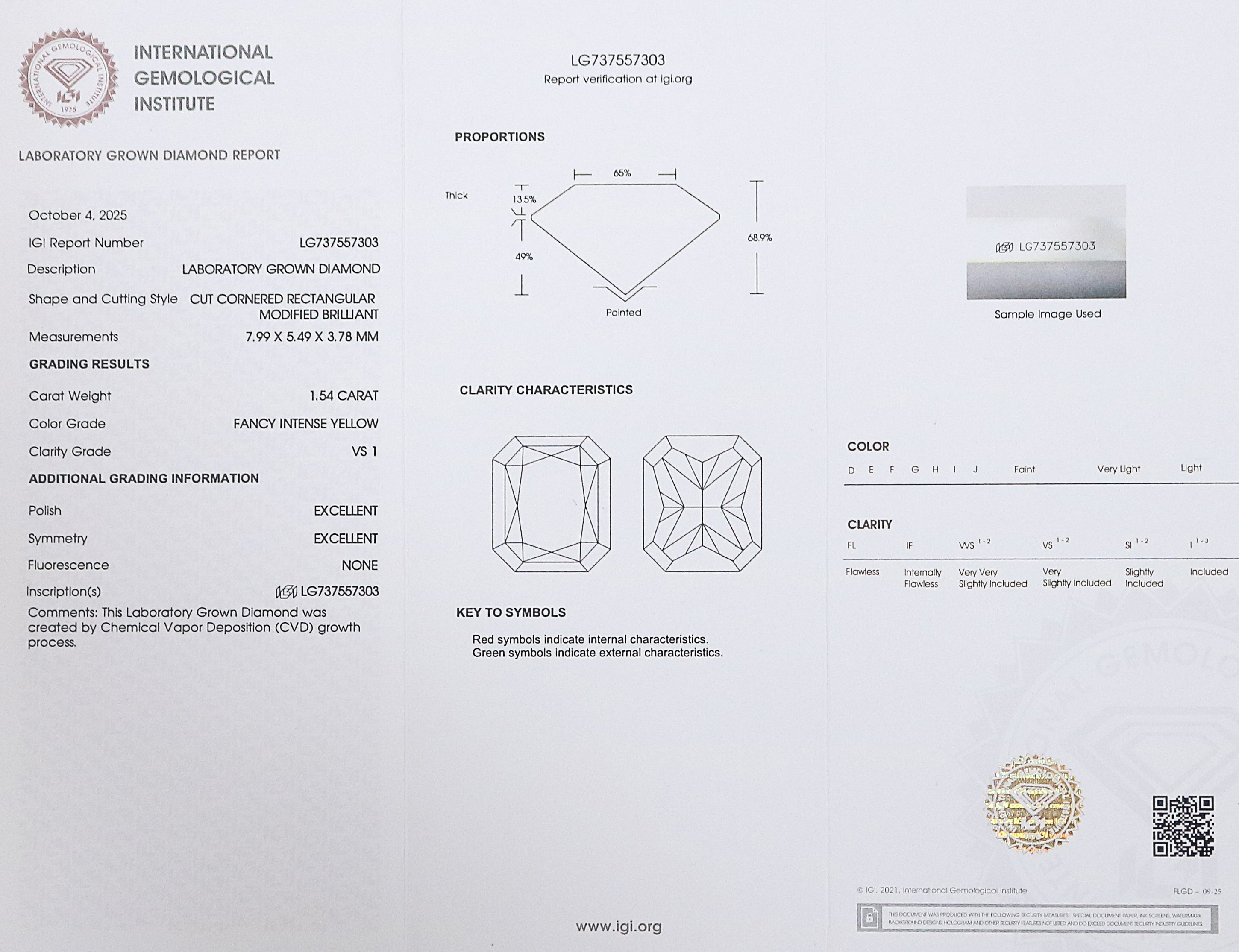 1.54 CT IGI Certified Radiant Brilliant Cut Fancy Intense Yellow Color VS1 Clarity Diamond Lab Grown CVD Diamond Lab Created Diamond L3453