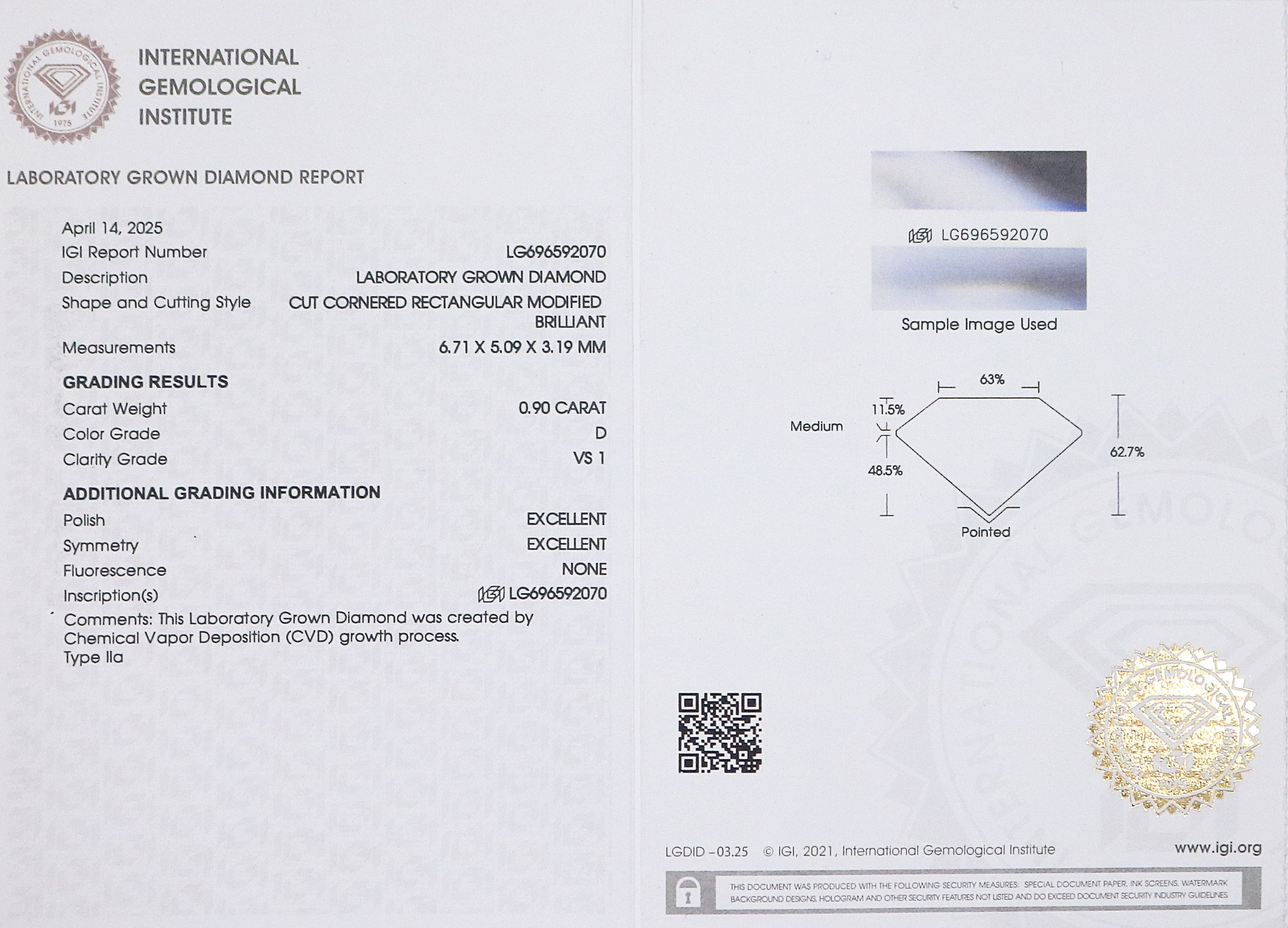 0.90 CT IGI Certified Radiant Brilliant Cut White- D Color VS1 Clarity Diamond Radiant Lab Grown CVD Diamond Lab Created Diamond L3320