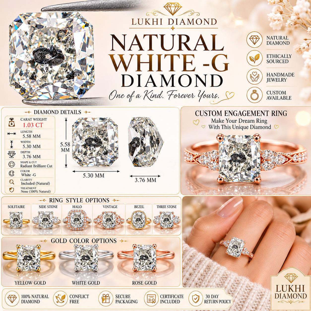 Natural Radiant White -G Diamond 1.03 CT Loose Brilliant Cut White -G Color Stone 5.60 MM Radiant Diamond For Custom Engagement Ring L3636