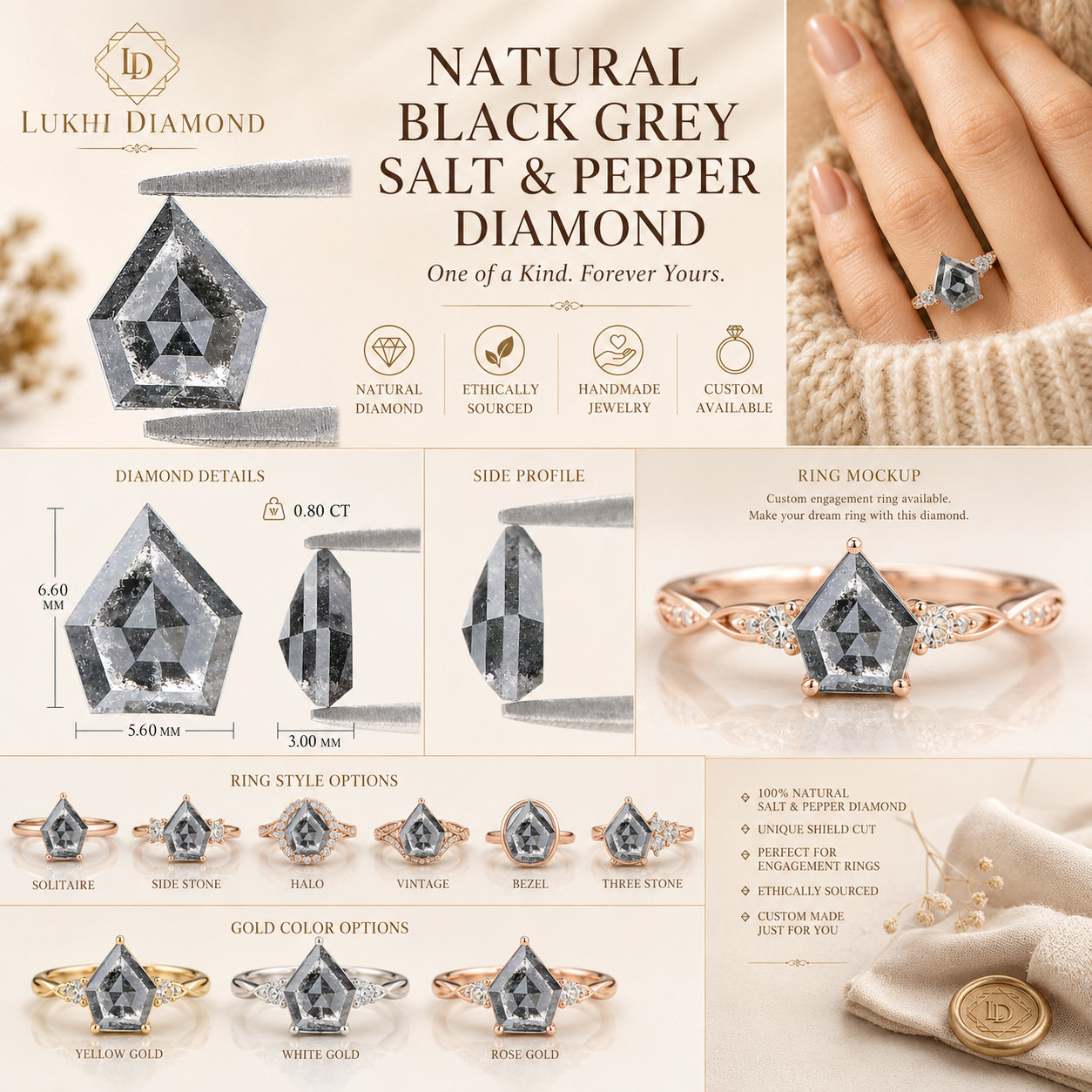 Natural Shield Salt and Pepper Diamond 0.80 CT Loose Rose Cut Black Grey Stone 6.60 MM Rustic Diamond For Custom Engagement Ring L3637