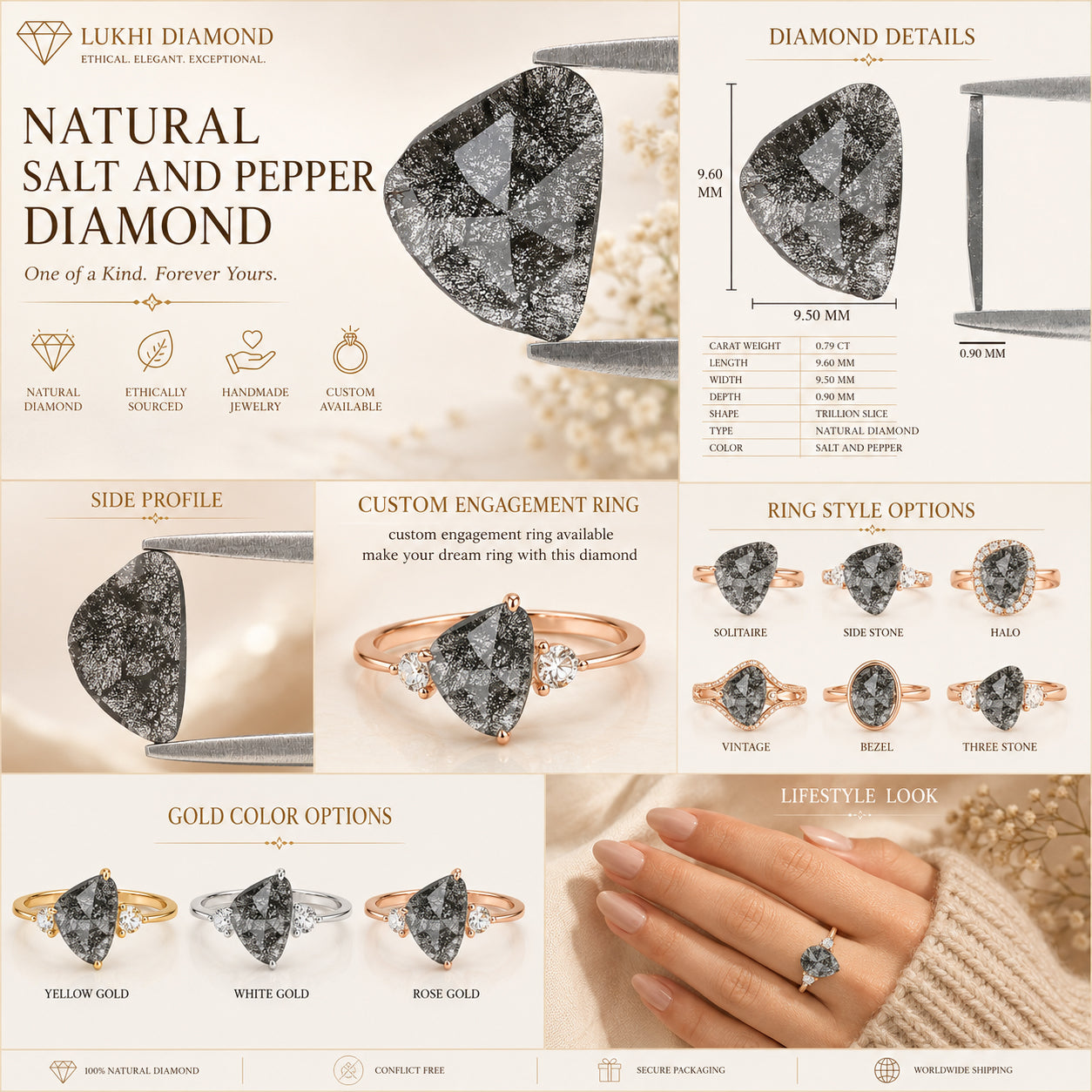 Natural Slice Salt and Pepper Diamond 0.79 CT Loose Rose Cut Black Grey Stone 9.60 MM Rustic Diamond For Custom Engagement Ring L3667