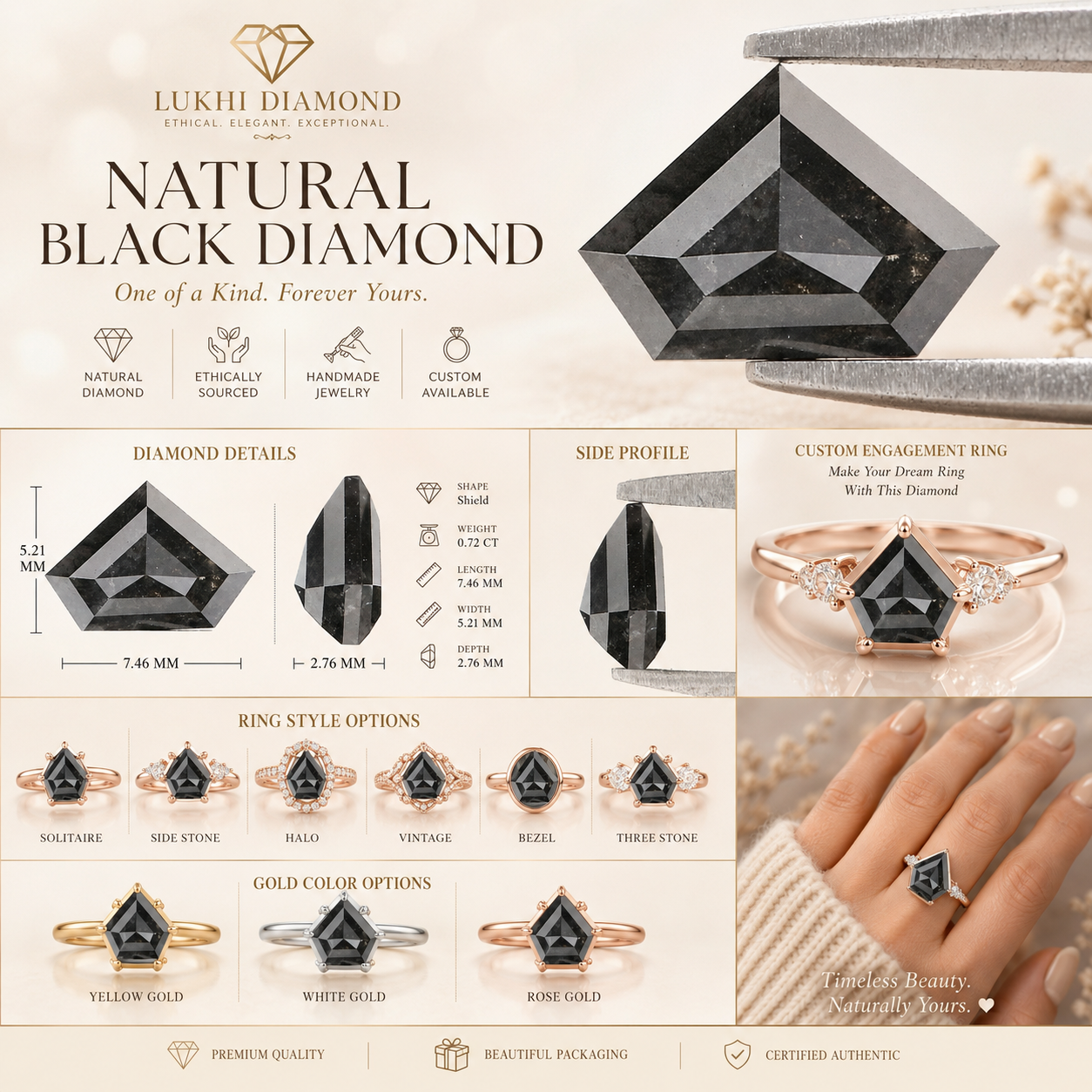 Natural Shield Black Diamond 0.72 CT Loose Rose Cut Black Stone 5.20 MM Rustic Diamond Shield Diamond For Custom Engagement Ring L3650