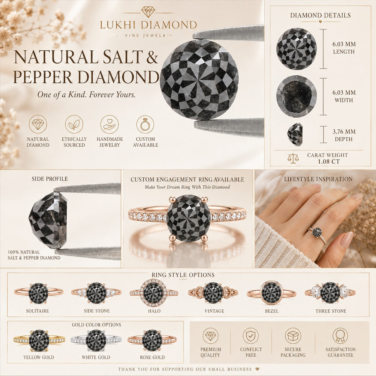 Natural Round Salt and Pepper Diamond 1.18 CT Loose Rose Cut Black Grey Stone 6.03 MM Rustic Diamond For Custom Engagement Ring L3687
