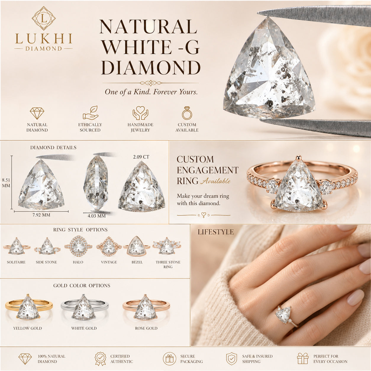 Natural Triangle White -G Diamond 2.09 CT Loose Rose Cut White G Color Stone 8.50 MM Rustic Diamond For Custom Engagement Ring QL2592