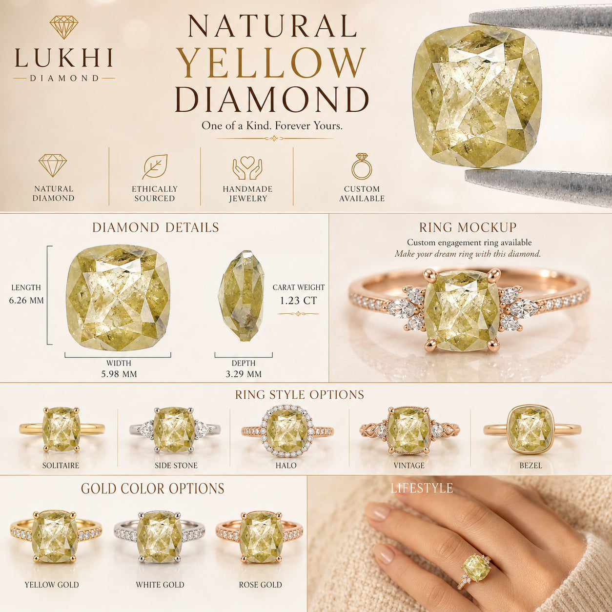 Natural Cushion Yellow Diamond 1.23 CT Loose Rose Cut Green Stone 6.25 MM Rustic Diamond Cushion Diamond For Custom Engagement Ring L3634