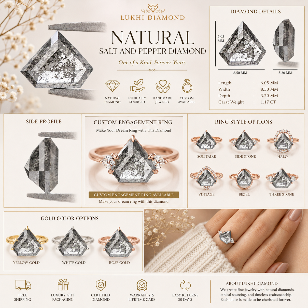 1.17 Ct Natural Loose Shield Shape Diamond Salt And Pepper Shield Cut Diamond 6.05 MM Black Gray Color Shield Shape Rose Cut Diamond QL285