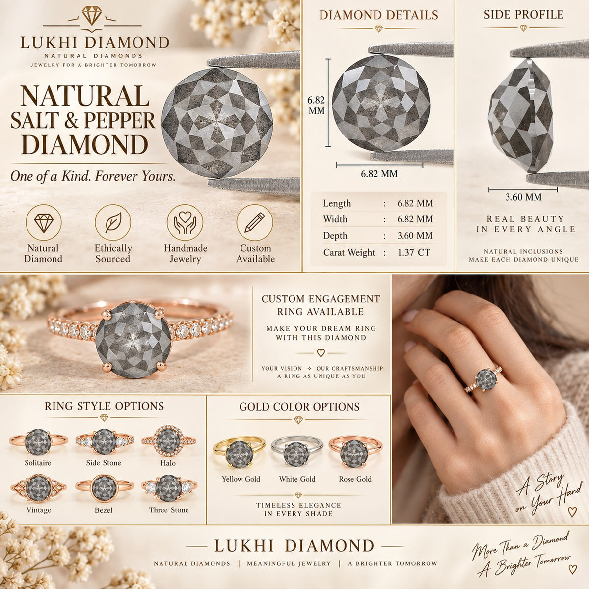 Natural Round Salt and Pepper Diamond 1.37 CT Loose Rose Cut Black Grey Stone 6.82 MM Rustic Diamond For Custom Engagement Ring L3690