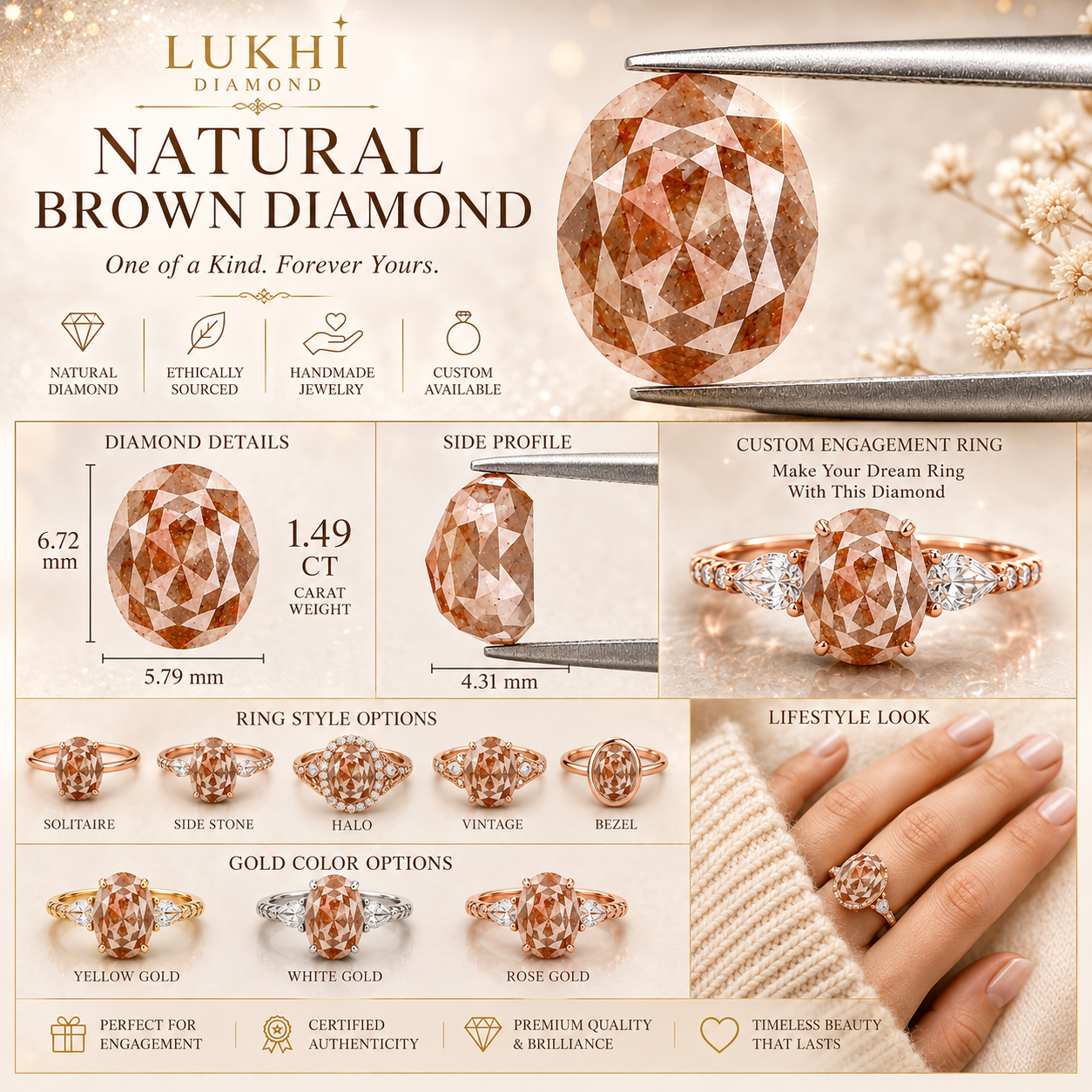 Natural Oval Brown Diamond 1.49 CT Loose Rose Cut Brown Stone 6.70 MM Rustic Diamond Oval Diamond For Custom Engagement Ring L3640