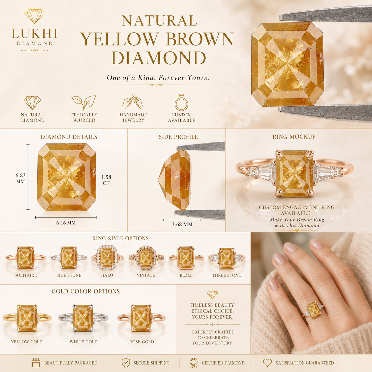 Natural Asscher Yellow Diamond 1.58 CT Loose Rose Cut Brown Stone 6.80 MM Rustic Diamond Asscher Diamond For Custom Engagement Ring L3633