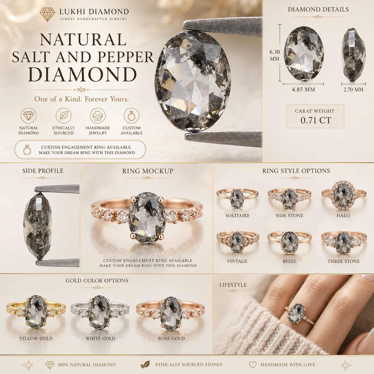 0.71 CT Natural Loose Oval Shape Diamond Salt And Pepper Oval Diamond 6.30 MM Natural Loose Black Grey Diamond Oval Rose Cut Diamond QL339