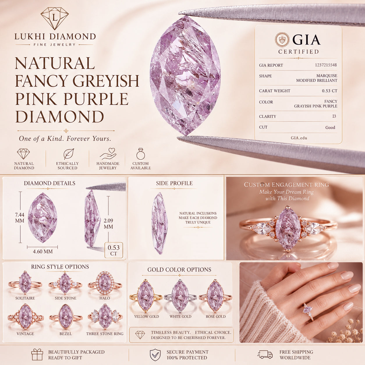 GIA Certified Natural Loose Marquise Modified Brilliant Cut Diamond 0.53 CT Loose Fancy Greyish Pink-Purple 7.45 MM Marquise Diamond QL6912