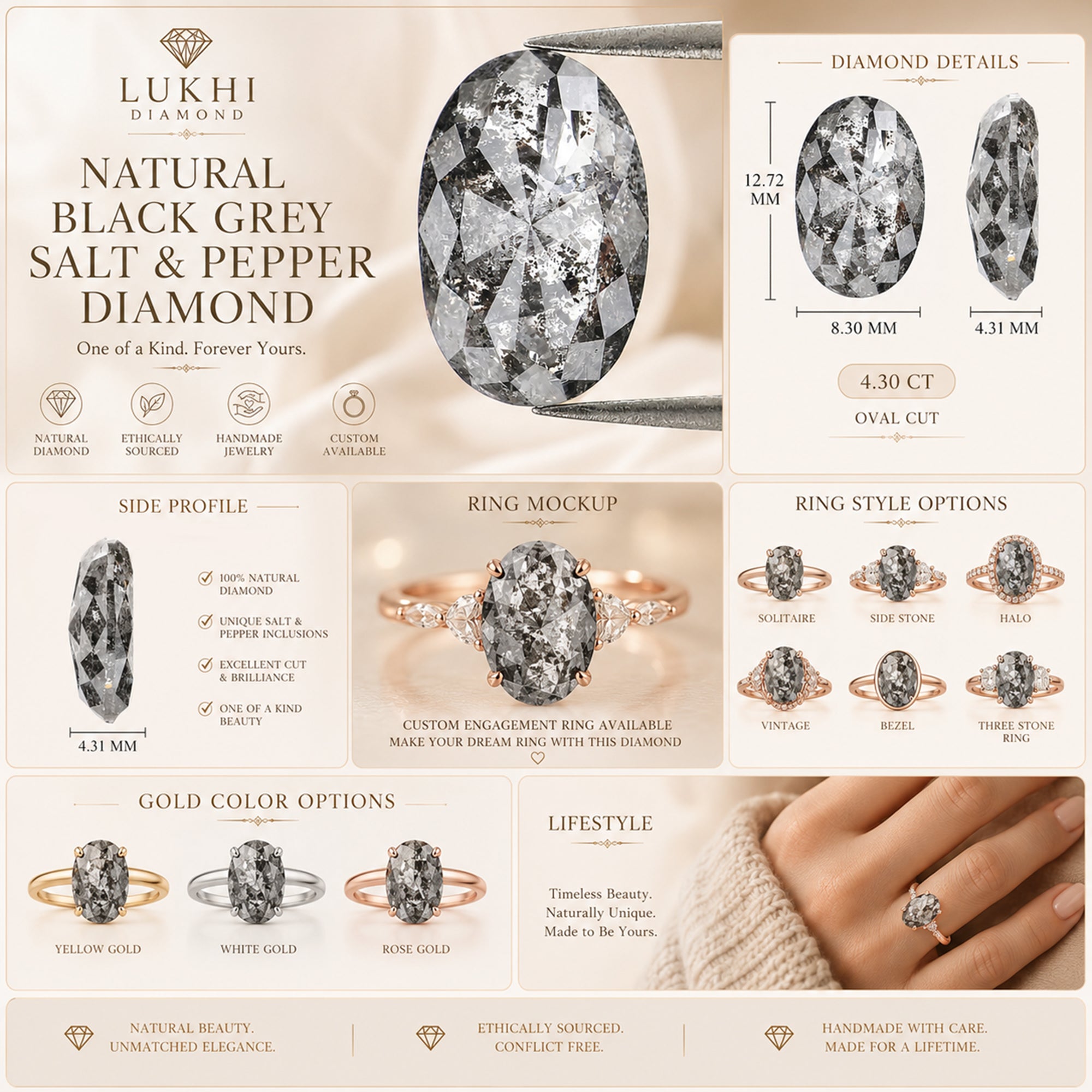 Natural Oval Salt and Pepper Diamond 4.30 CT Loose Rose Cut Black Grey Stone 12.70 MM Rustic Diamond For Custom Engagement Ring KDL2429