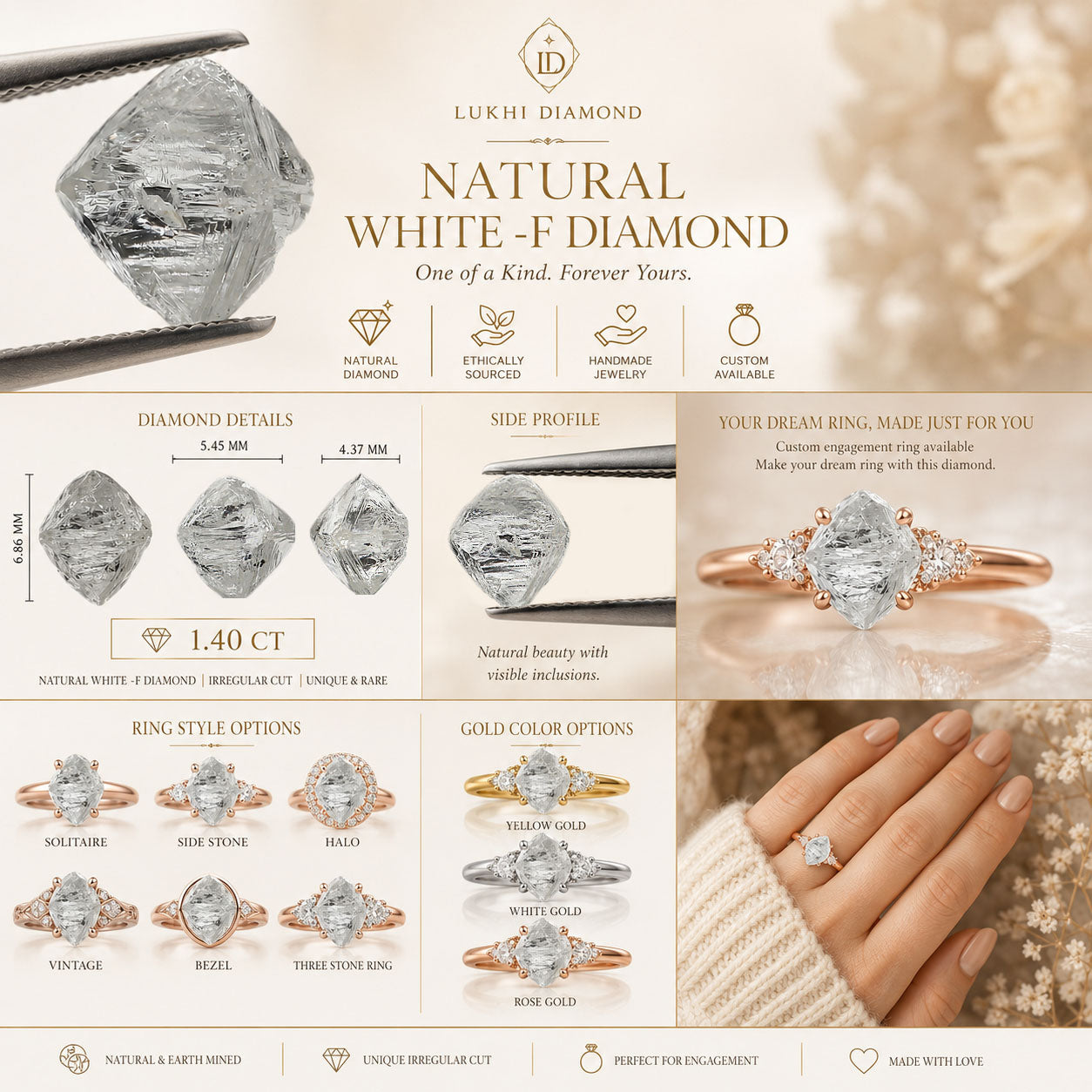 Natural Rough White - F Diamond 1.40 CT Loose Irregular Cut White F Color Stone 6.85 MM Rustic Diamond For Custom Engagement Ring KDL2496