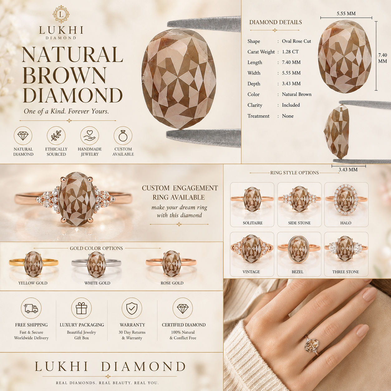 Natural Oval Brown Diamond 1.28 CT Loose Rose Cut Brown Stone 7.40 MM Rustic Diamond Oval Diamond For Custom Engagement Ring L3659