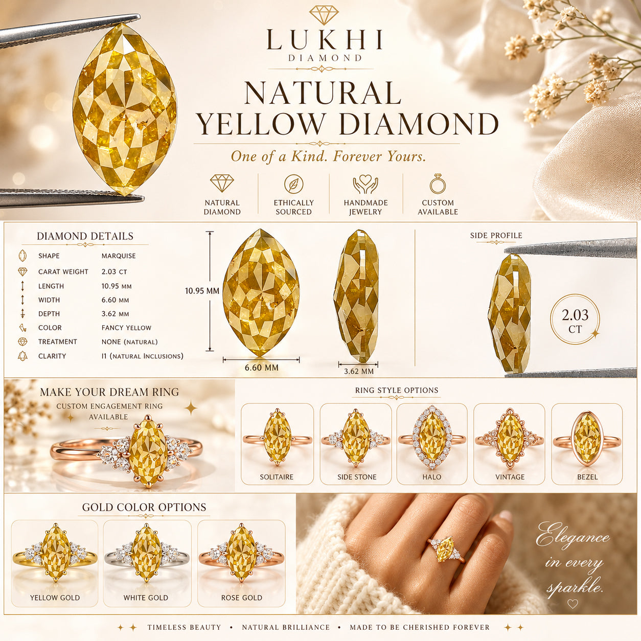 Natural Marquise Yellow Diamond 2.03 CT Loose Rose Cut Yellow Color Stone 10.95 MM Rustic Marquise Diamond For Custom Engagement Ring L3630