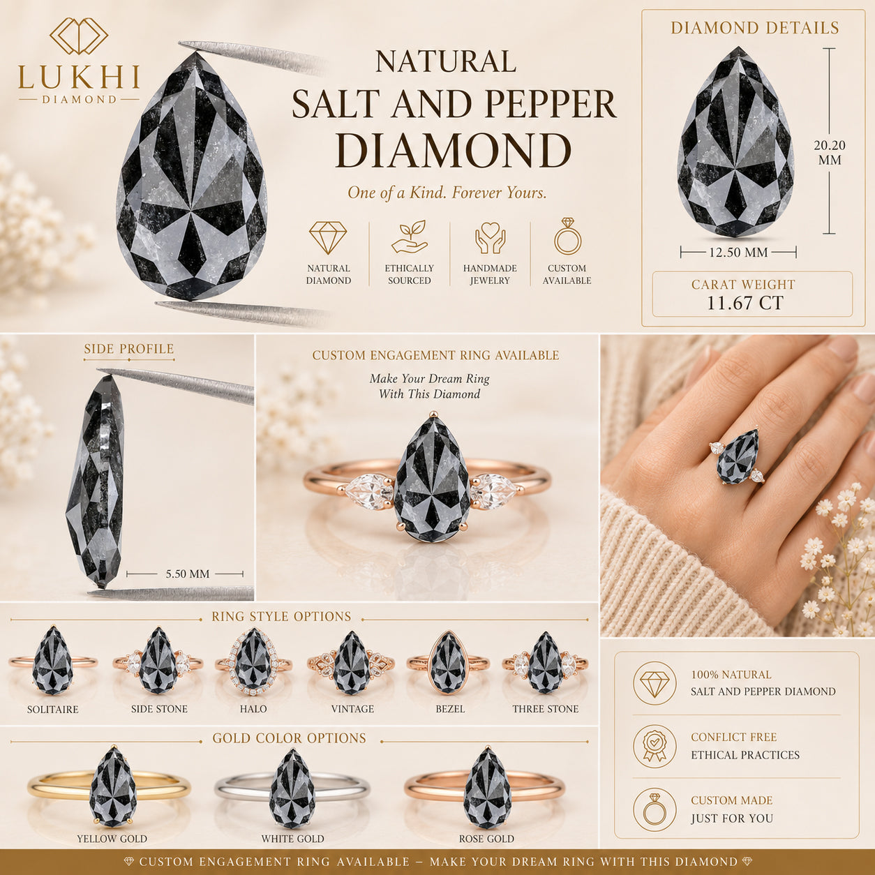 Natural Pear Salt and Pepper Diamond 11.67 CT Loose Rose Cut Black Grey Stone 20.20 MM Rustic Diamond For Custom Engagement Ring QL3019