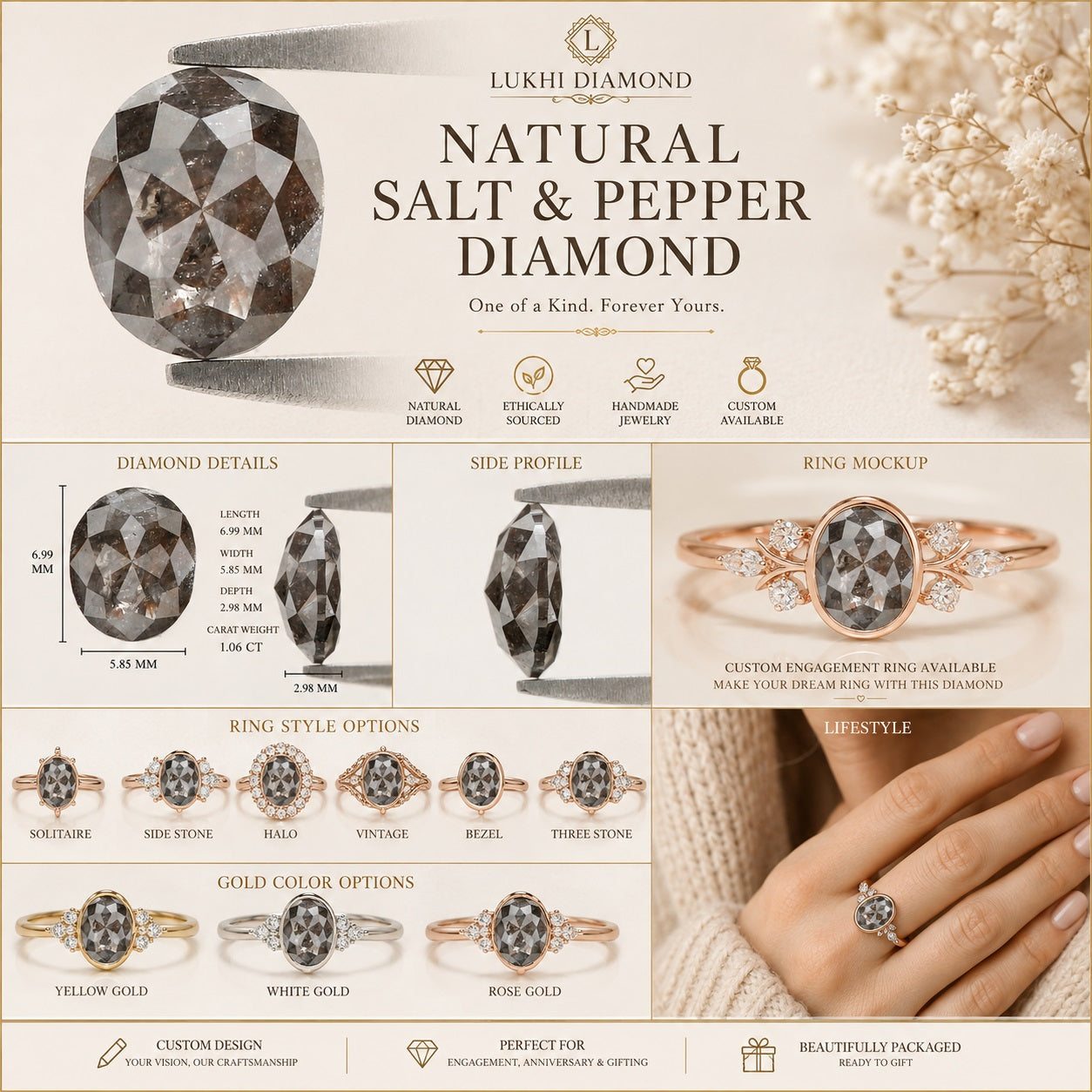 Natural Oval Salt and Pepper Diamond 1.06 CT Loose Rose Cut Black Grey Stone 6.99 MM Rustic Diamond For Custom Engagement Ring L3688