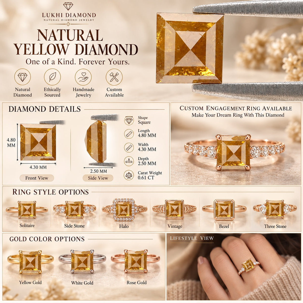 Natural Square Cut Yellow Color Diamond 0.61 CT Loose Rose Cut Yellow Color Stone 4.80 MM Rustic Diamond For Custom Engagement Ring L3692
