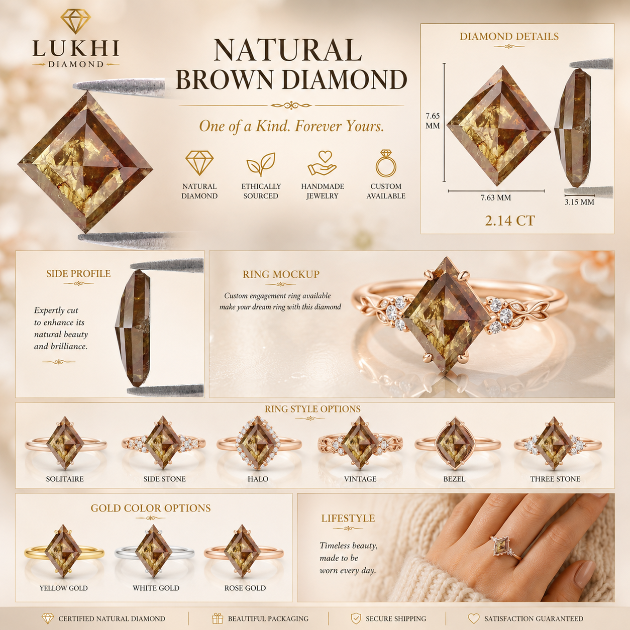 Natural Kite Cut Brown Color Diamond 2.14 CT Loose Kite Rose Cut Brown Color Stone 7.65 MM Rustic Diamond For Custom Engagement Ring L3656