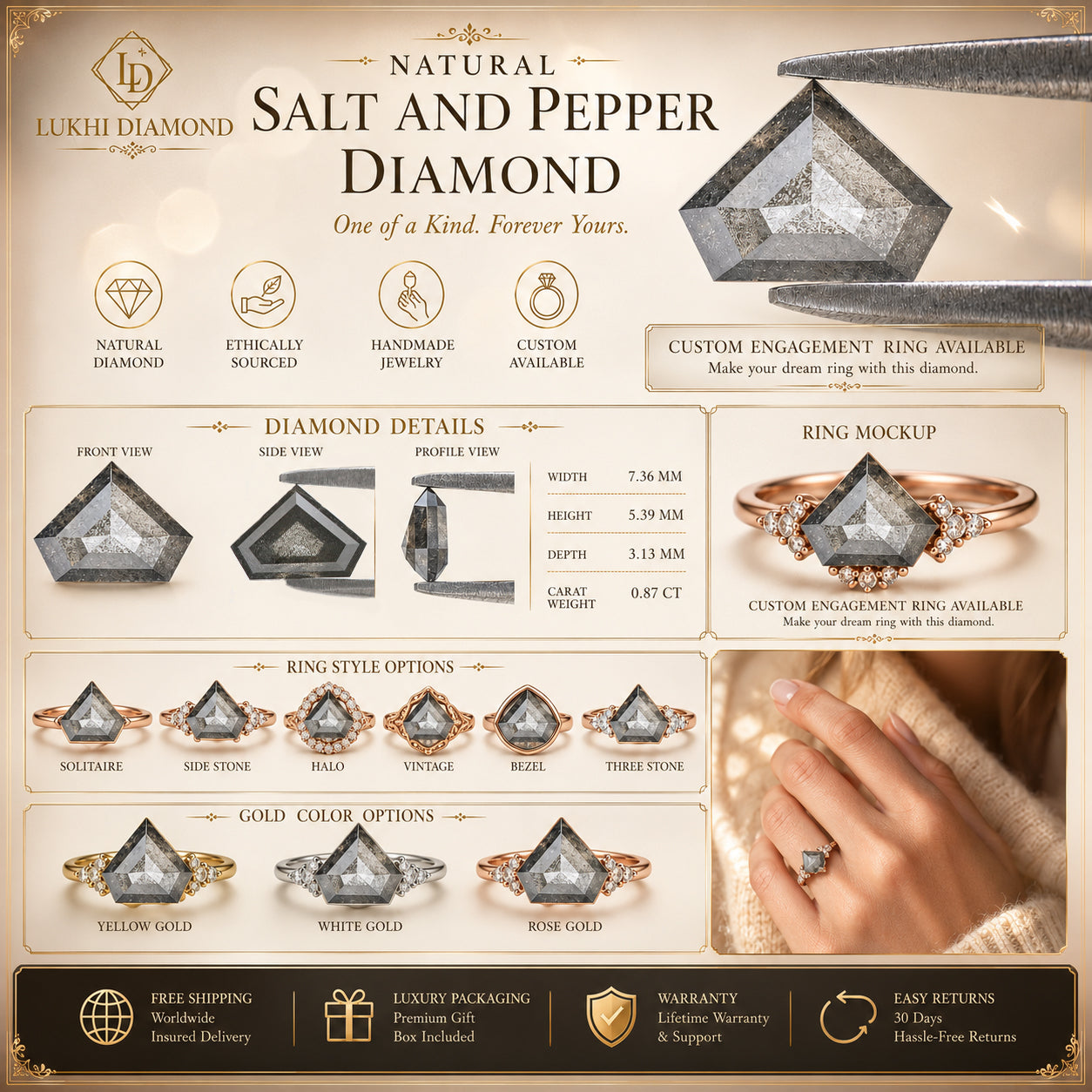 0.87 CT Natural Loose Shield Diamond Black Grey Color Diamond 5.40 MM Natural Loose Diamond Salt And Pepper Shield Rose Cut Diamond QL1942