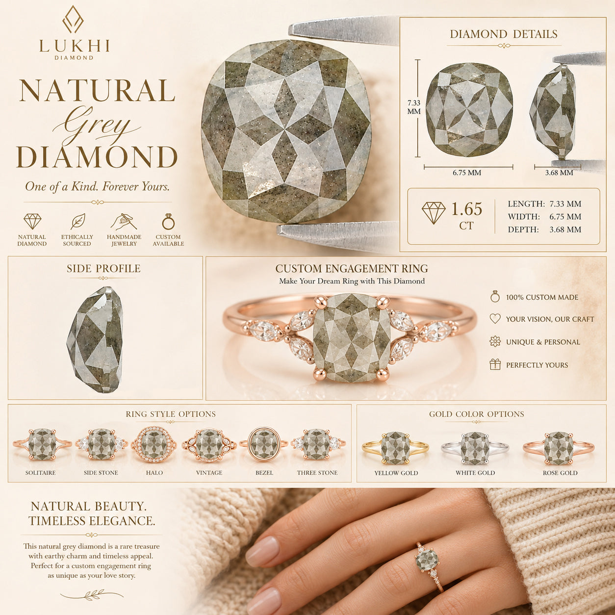 Natural Cushion Grey Diamond 1.65 CT Loose Rose Cut Grey Stone 7.35 MM Rustic Diamond Cushion Diamond For Custom Engagement Ring L3631