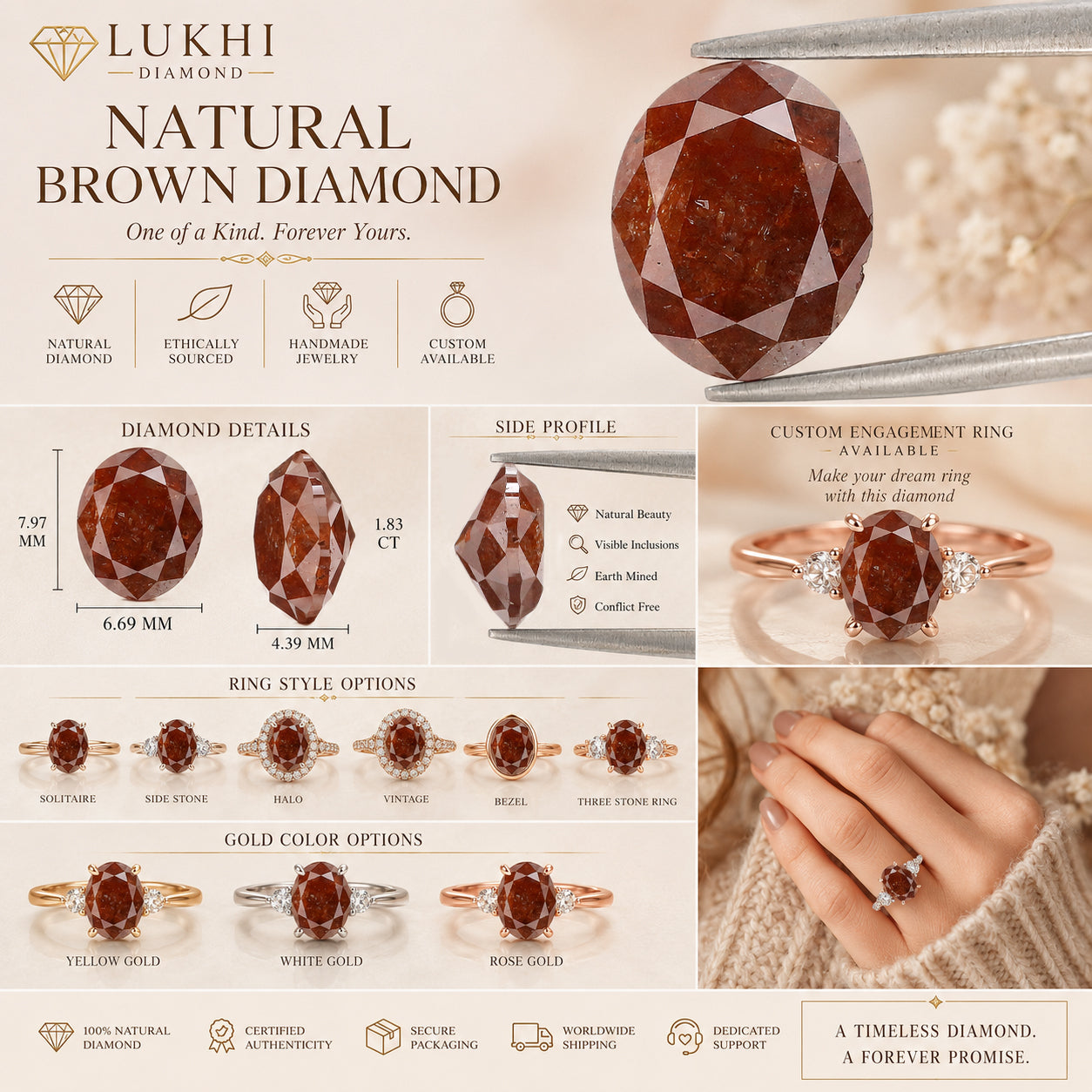 Natural Oval Brown Diamond 1.83 CT Loose Brilliant Cut Brown Color Stone 8.00 MM Rustic Oval Diamond For Custom Engagement Ring L3639