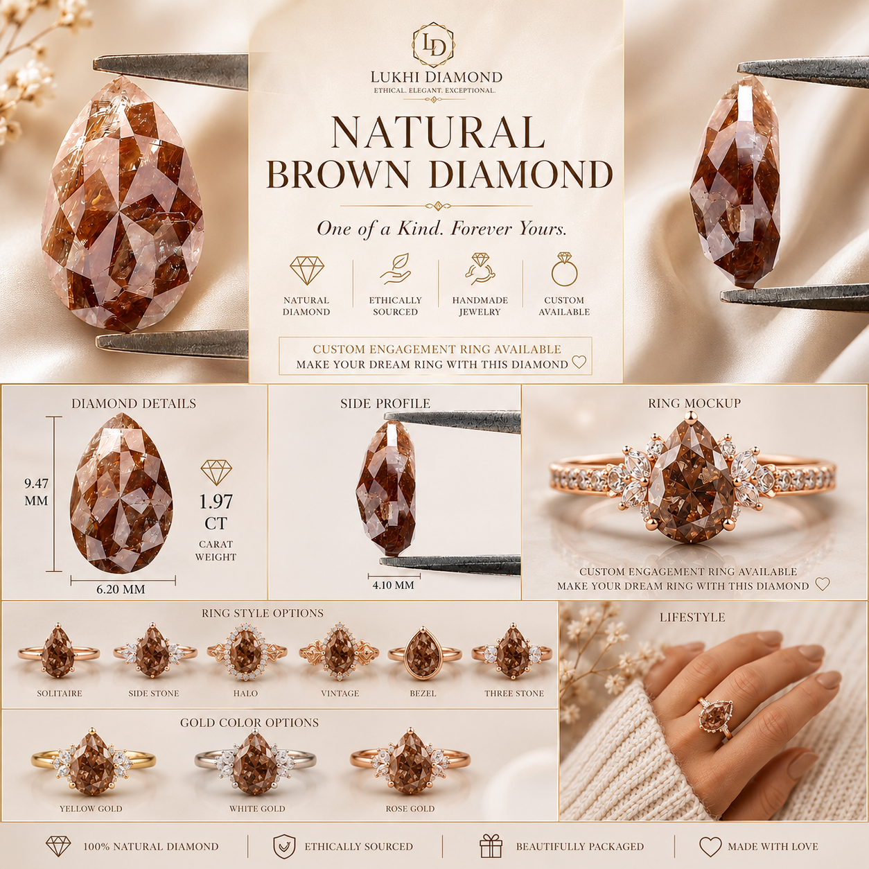 Natural Pear Brown Diamond 1.97 CT Loose Rose Cut Brown Stone 9.50 MM Rustic Diamond Pear Diamond For Custom Engagement Ring L3653