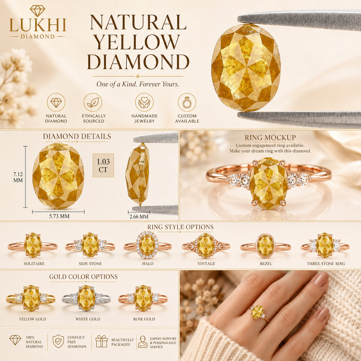 Natural Oval Yellow Diamond 1.03 CT Loose Rose Cut Yellow Stone 7.10 MM Rustic Diamond Oval Diamond For Custom Engagement Ring L3642