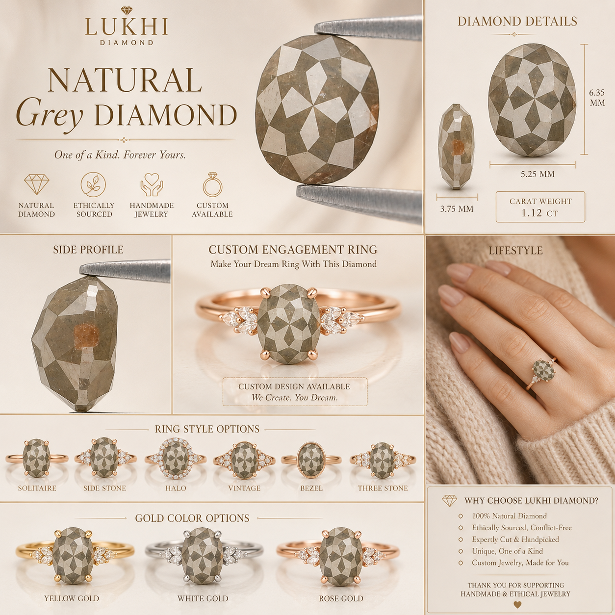 Natural Oval Diamond 1.12 CT Loose Rose Cut Grey Stone 6.35 MM Rustic Diamond For Custom Engagement Ring L3623