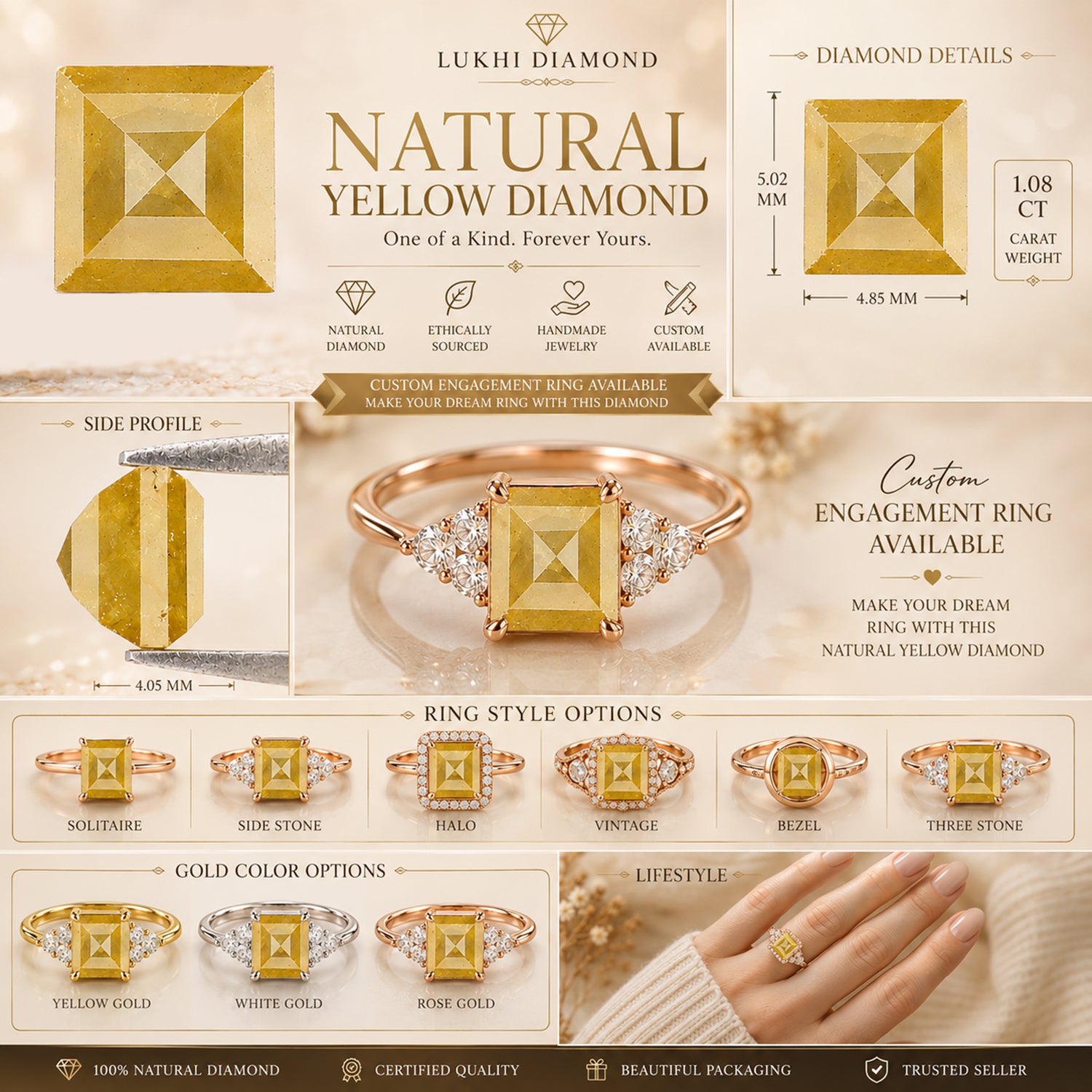 Natural Square Yellow Diamond 1.08 CT Loose Rose Cut Yellow Stone 5.00 MM Rustic Diamond Square Diamond For Custom Engagement Ring L3638